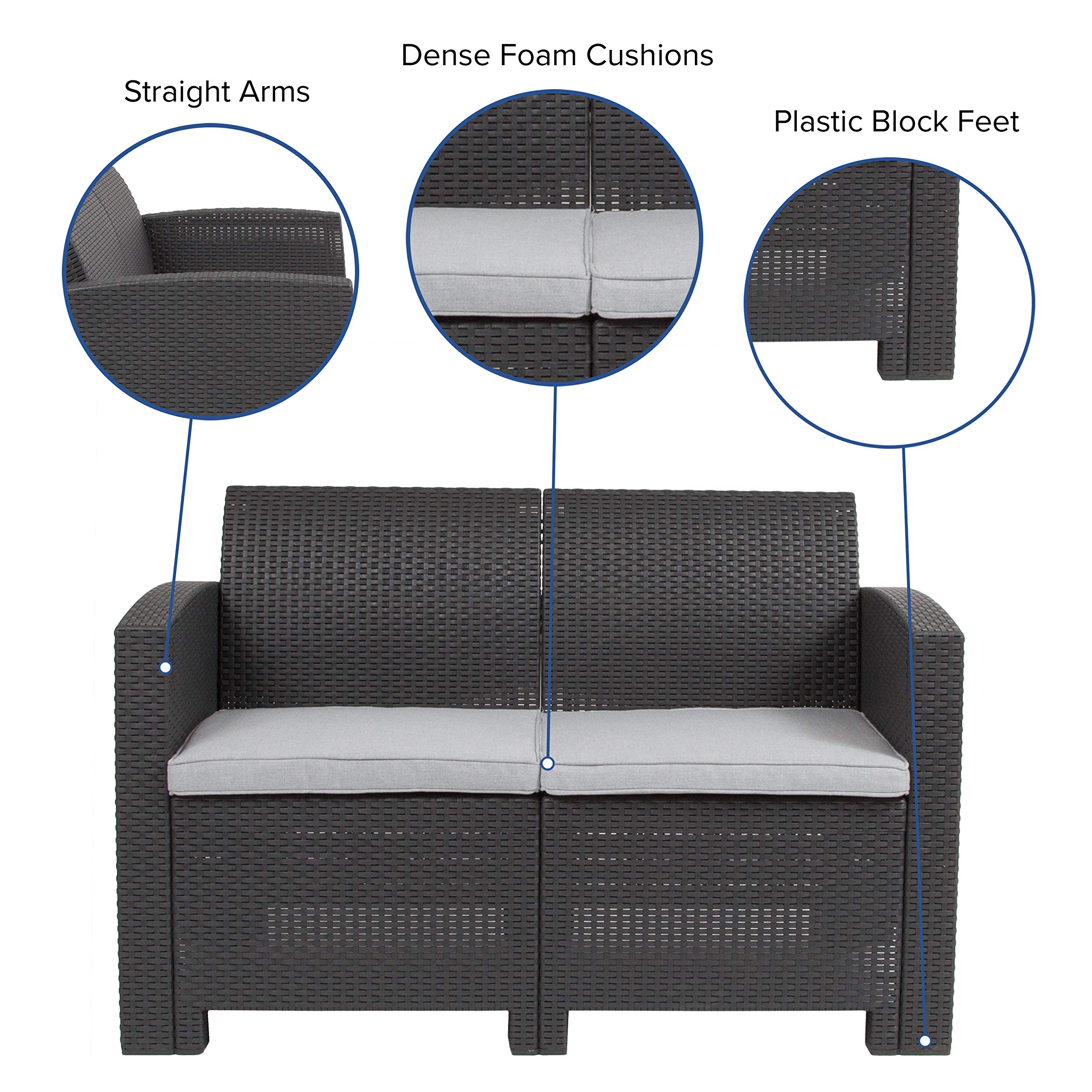 Flash Furniture Seneca Dark Gray Faux Rattan Loveseat with All-Weather Light Gray Cushions - Outdoor Patio, Garden, Poolside Seating for Backyard & Porch