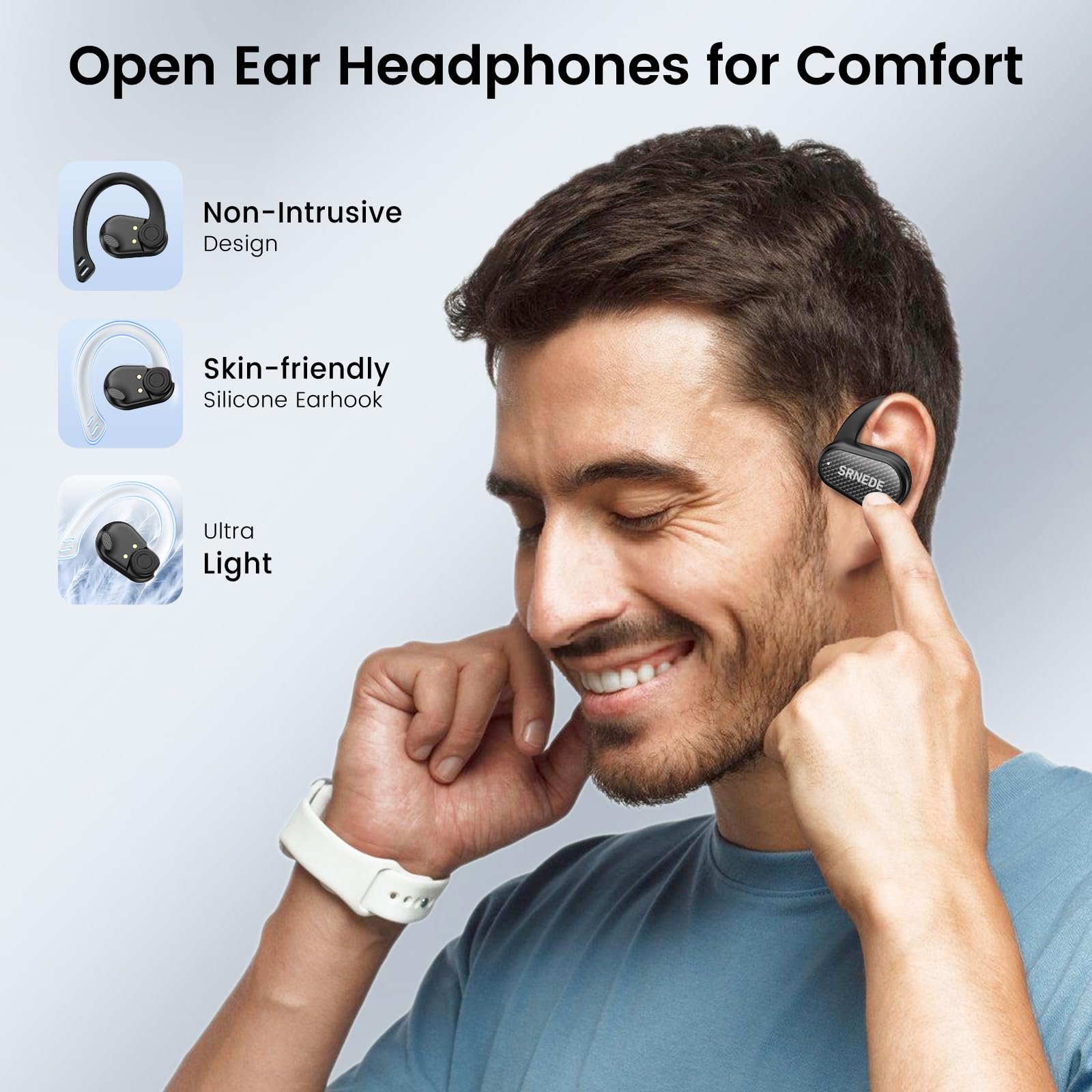 Srnede Open-Ear Wireless Bone Conduction Headphones - Bluetooth Earbuds for Running, Workout, Gym, Cycling & Outdoor Sports (Black, LAN1111) - Sweatproof & Comfortable for All-Day Wear