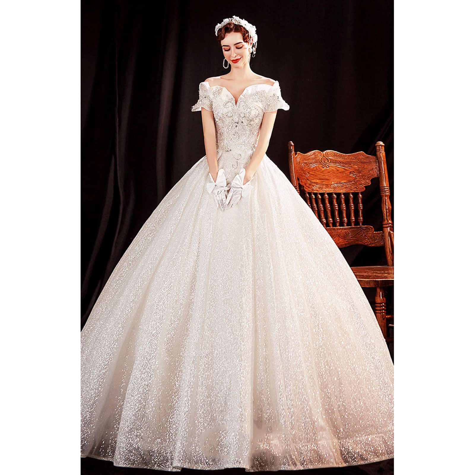 HUANLIAN Women's Off Shoulder Crystal Pearl Star Yarn Bridal Wedding Dress Elegant Evening Gown - Perfect for Bridal Showers, Prom, Formal Events & Special Occasions