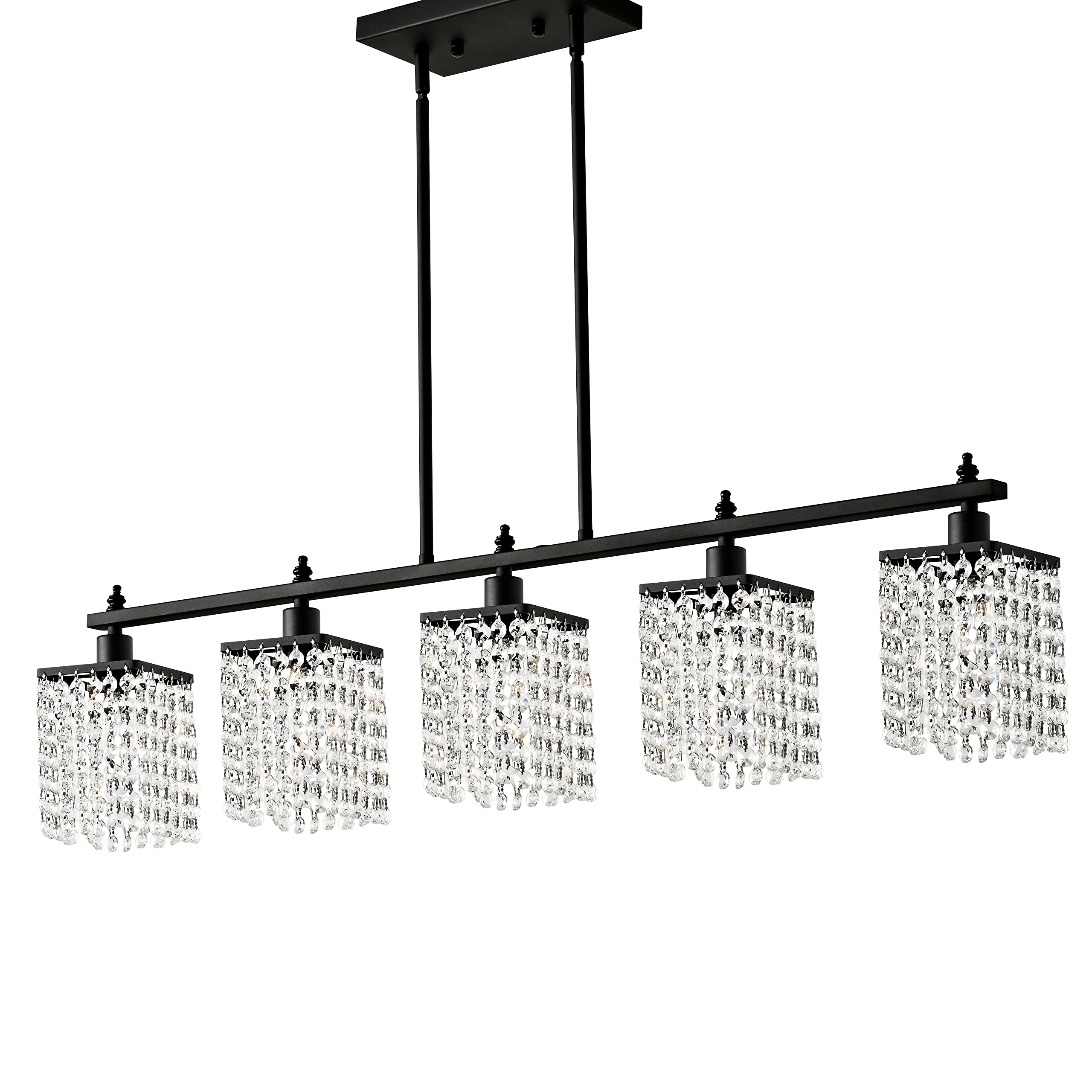 Modern Farmhouse Black Metal Linear Crystal Chandelier - 5-Light Adjustable Pendant Lighting for Kitchen Island & Dining Room Table | Elegant Dining, Kitchen Decor, Farmhouse Lighting