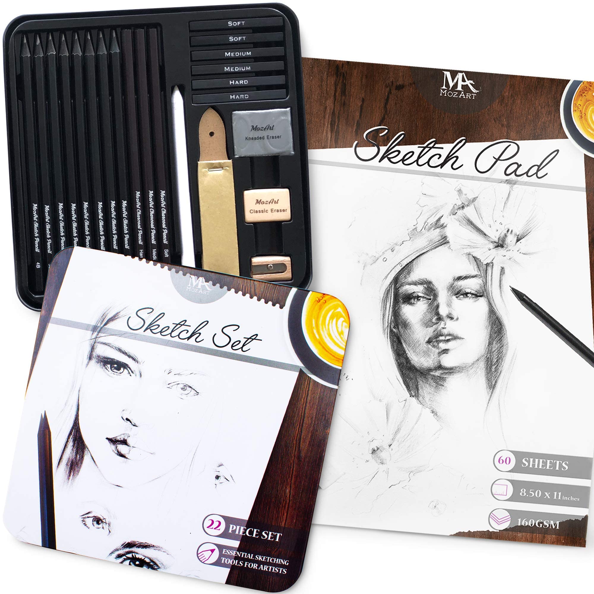 22-Piece Premium Sketch Set with 8.5x11 Inch 160GSM Sketchbook (60 Sheets) - Complete Artist Drawing Kit for Beginners & Professionals - Ideal for Home, Studio, School & Travel Art Projects - MozArt Supplies
