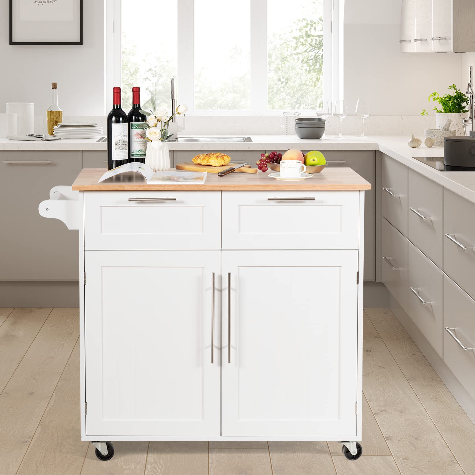 COSTWAY Mobile Kitchen Island Cart with 2 Drawers, 2 Door Cabinet & Towel Bar - Rolling Storage Trolley with Rubber Wood Top & Lockable Casters (White) - Perfect for Small Kitchens, Apartments & Food Prep Stations