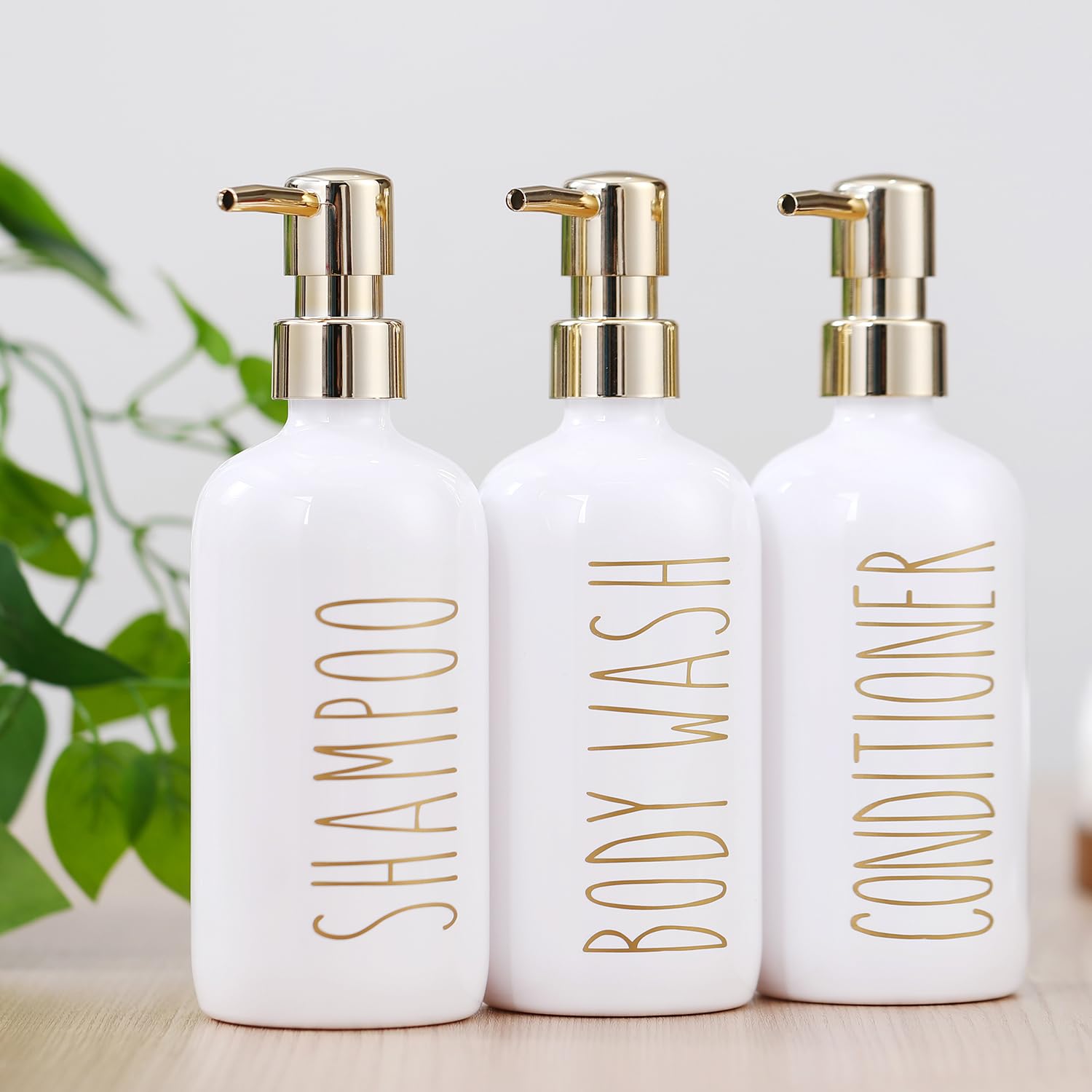 HOMCDALY 21oz Shampoo and Conditioner Dispenser Set of 3 - Refillable Pump Bottles for Shower, Bathroom & Travel - Gold (Perfect for Organizing Shampoo, Conditioner, Body Wash & Liquid Soap)