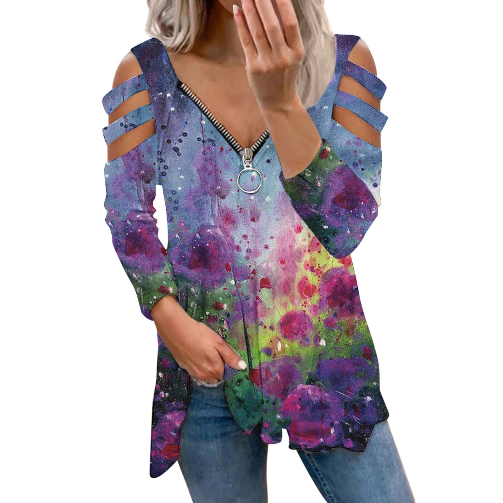 Women's Off Shoulder Tunic Tops - V Neck Hollow Out Blouses with Long Sleeves, Floral Loose Fit Tee Shirts for Casual Wear & Date Night Outfits