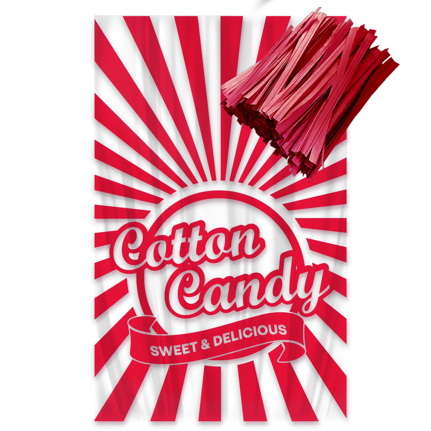 100 Count Clear Cotton Candy Bags with Ties - 11.5x18.5 Inches Red Printed Candy Bags for Carnivals, Birthday Parties & Events - Perfect for Concession Stands, School Fairs & Halloween Treats