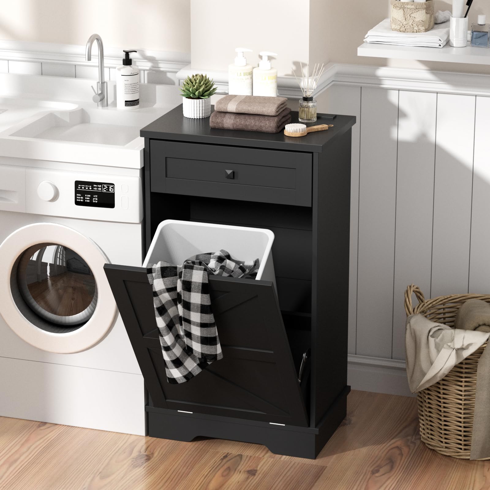 Farmhouse Tilt Out Trash Cabinet with Negative Ion Technology - 10 Gallon Dog Proof Garbage Can Storage for Kitchen, Bathroom & Living Room - Black - Perfect for Small Spaces and Pet-Friendly Homes