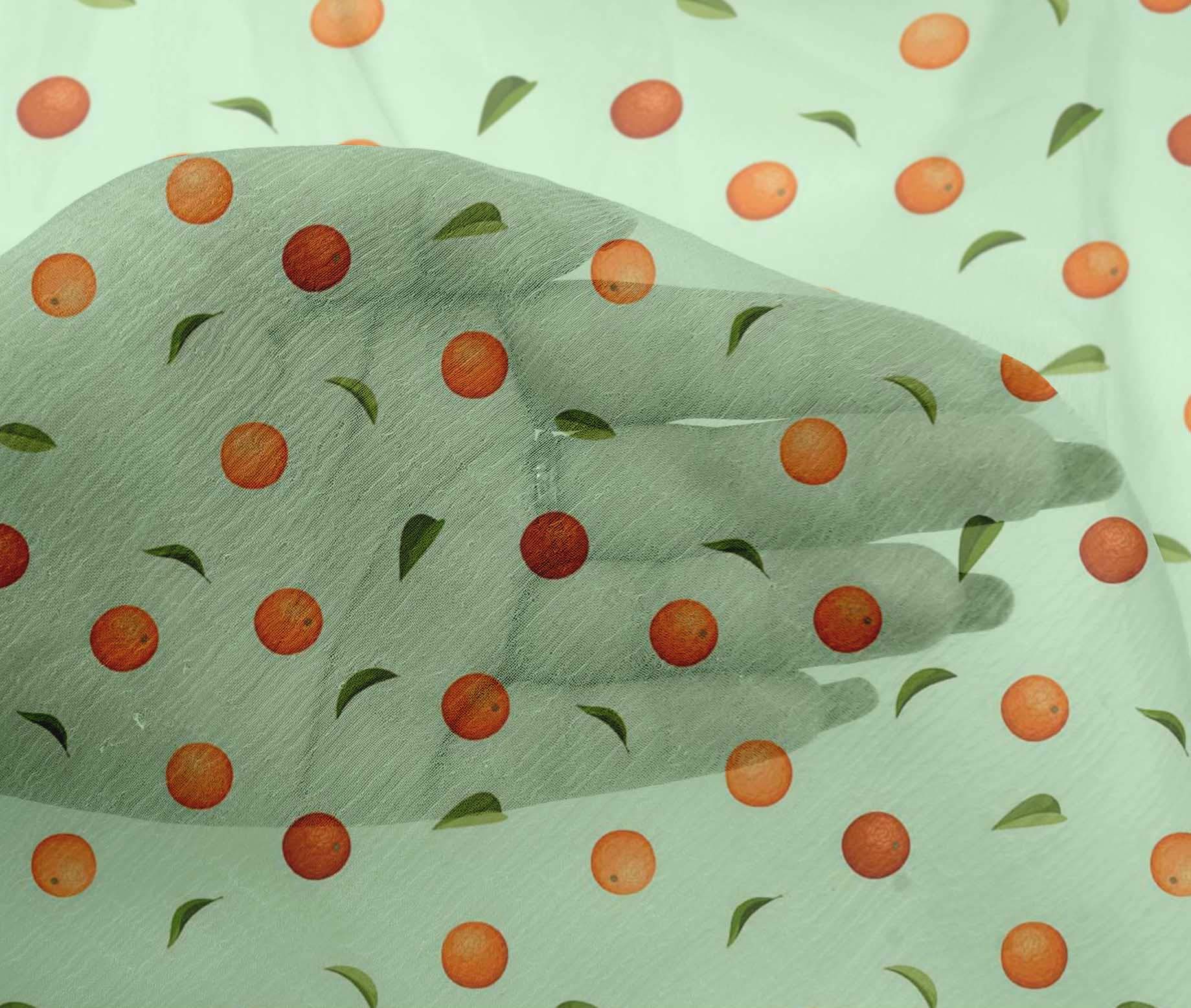 oneOone Viscose Chiffon Fabric - 42 Inch Wide Leaves & Orange Fruit Print Fabric by The Yard for DIY Dresses, Scarves & Home Decor