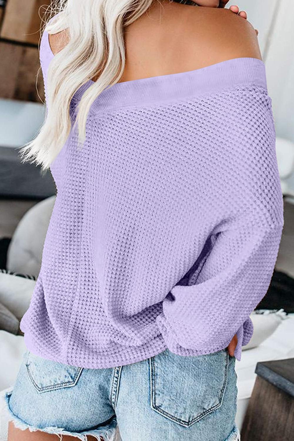 ReachMe Women's Oversized Off Shoulder Long Sleeve Waffle Knit Sweater Top - Casual Loose Fit Drop Shoulder Shirt for Fall, Winter & Layering Outfits