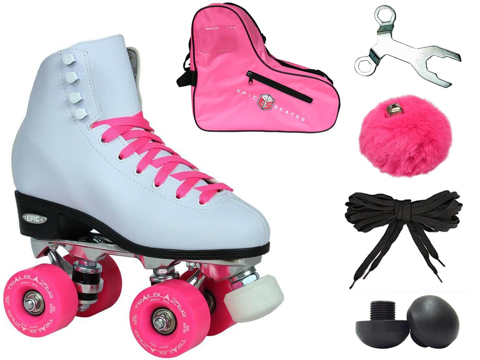 Epic Skates White & Pink High-Top Quad Roller Skates Bundle with Pink Skate Bag, Pompoms & 2 Laces - Perfect for Roller Derby, Rink Skating & Outdoor Fun