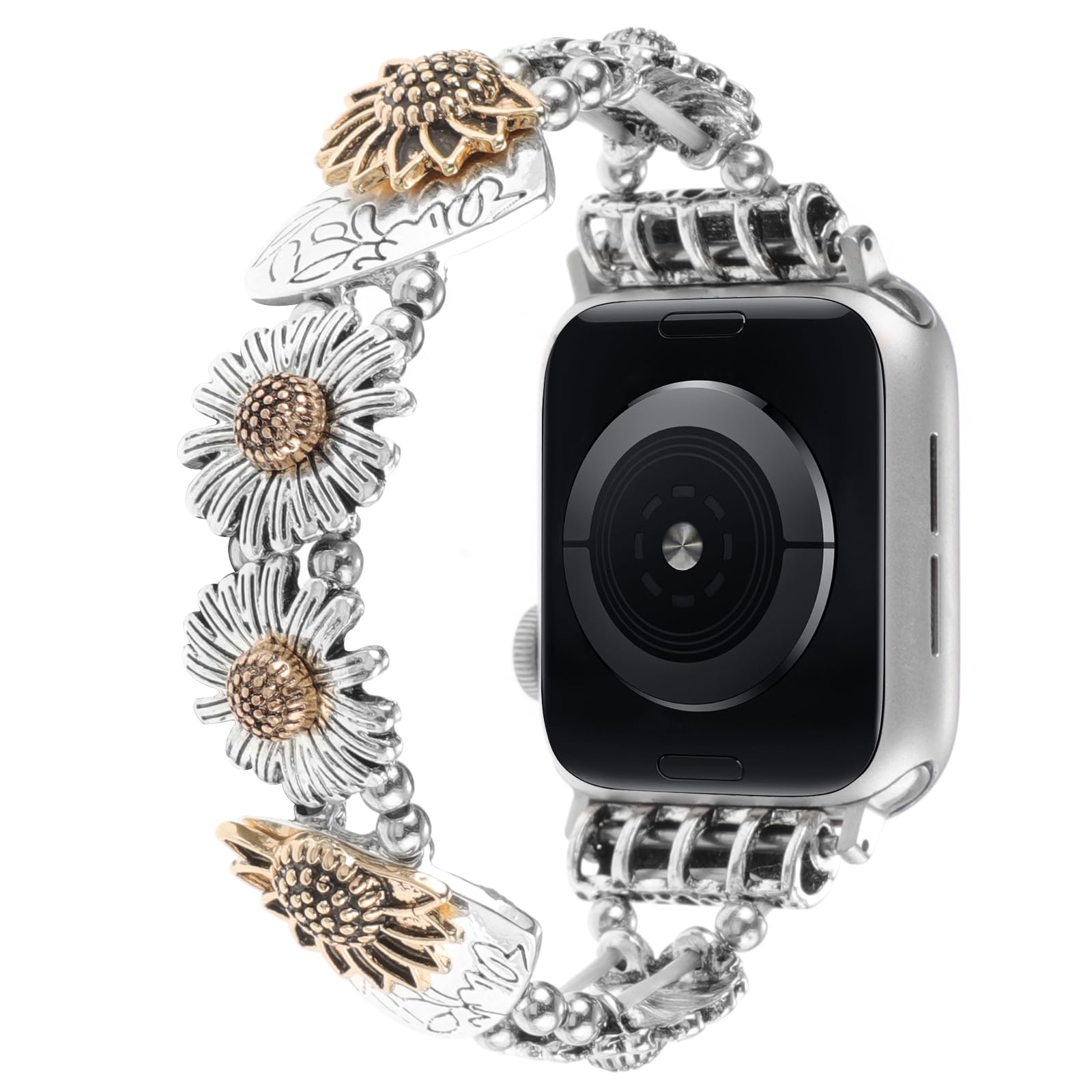 Stretchy Metal Apple Watch Bands Compatible with 38mm 40mm 41mm 42mm 44mm 45mm 49mm - Women's Fashion Elastic Sunflower Heart Design Stainless Steel Wristband for iWatch Series 9/8/7/6/5/4/3/2/SE - Perfect for Workouts, Office Wear & Everyday Fashion Accessories