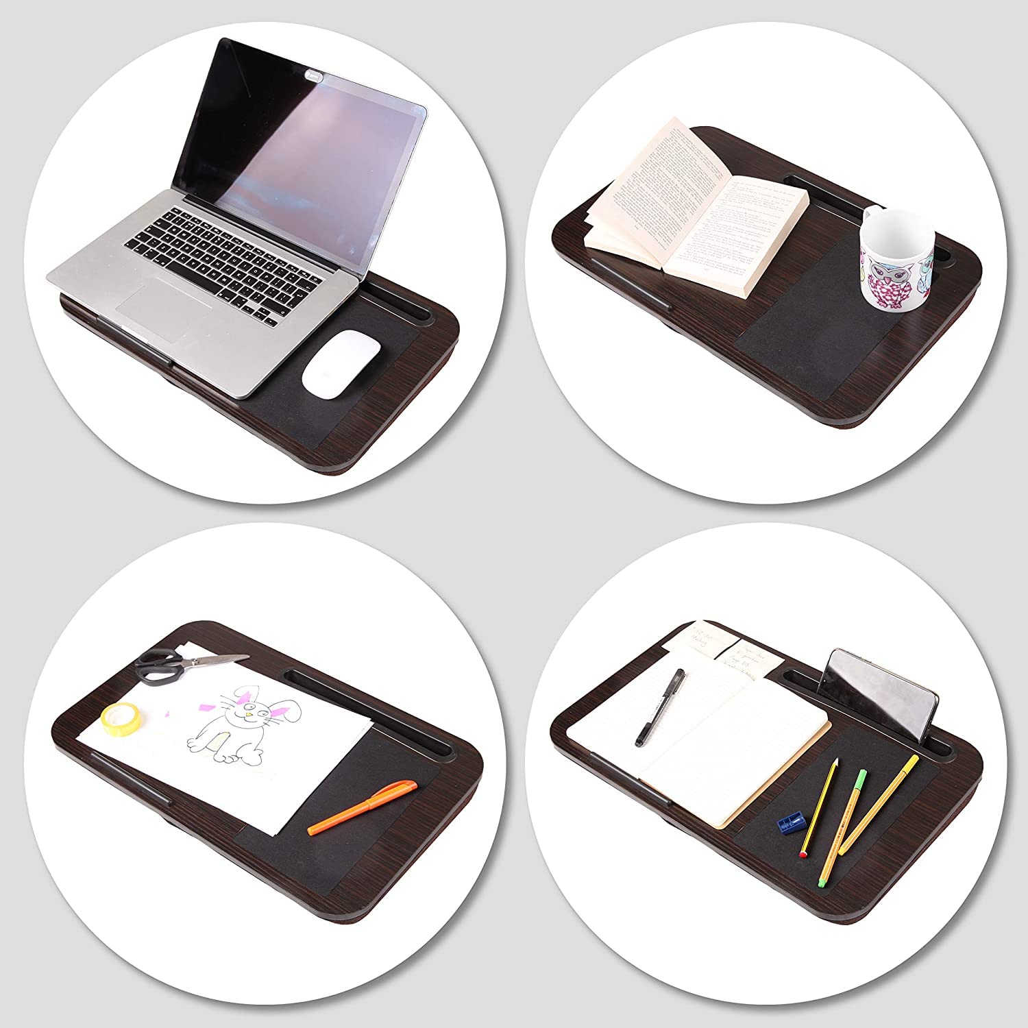 Ergonomic Laptop Tray with Cushion DML422 BROWN - Portable Lap Desk for Bed, Sofa & Car - Built-in Tablet Holder & Mouse Pad - Foam Cushion Support - Lightweight Design with Carry Handle - Perfect for Home, Office & Travel Use