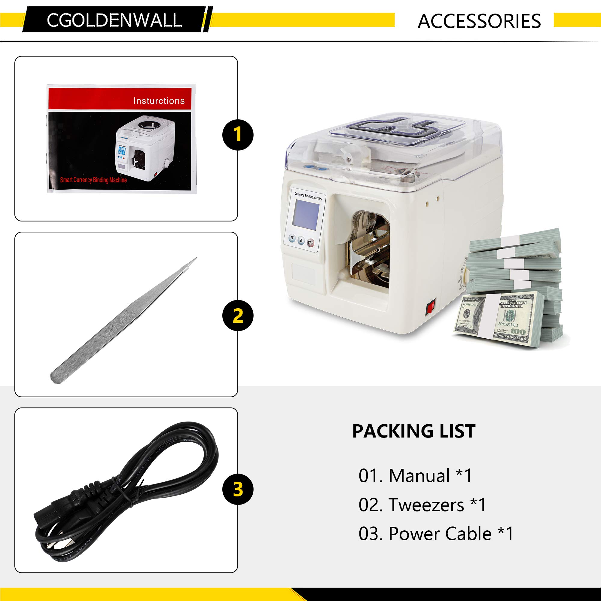CGOLDENWALL Banknote Strapping Machine with LCD Display - Portable Money Binder for Cash, Bills & Invoices - 110V/220V Currency Bundle Tool for Banks, Retail Stores & Small Businesses