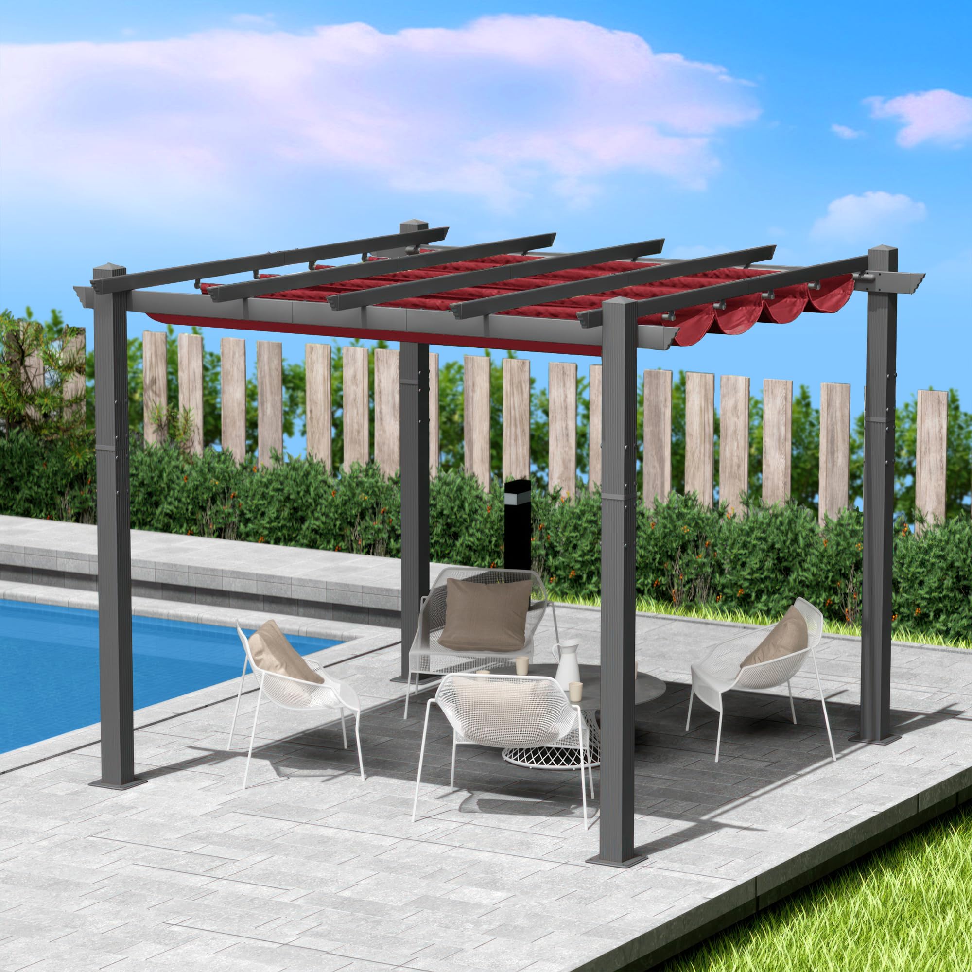 Kozyard Morgan 10' x 10' Retractable Pergola with Sun Shade Canopy - Outdoor Aluminum Patio Cover for Backyard, Deck & Garden - Modern Metal Grill Gazebo Shelter (Burgundy) - Perfect for Outdoor Dining, Lounging & Entertaining