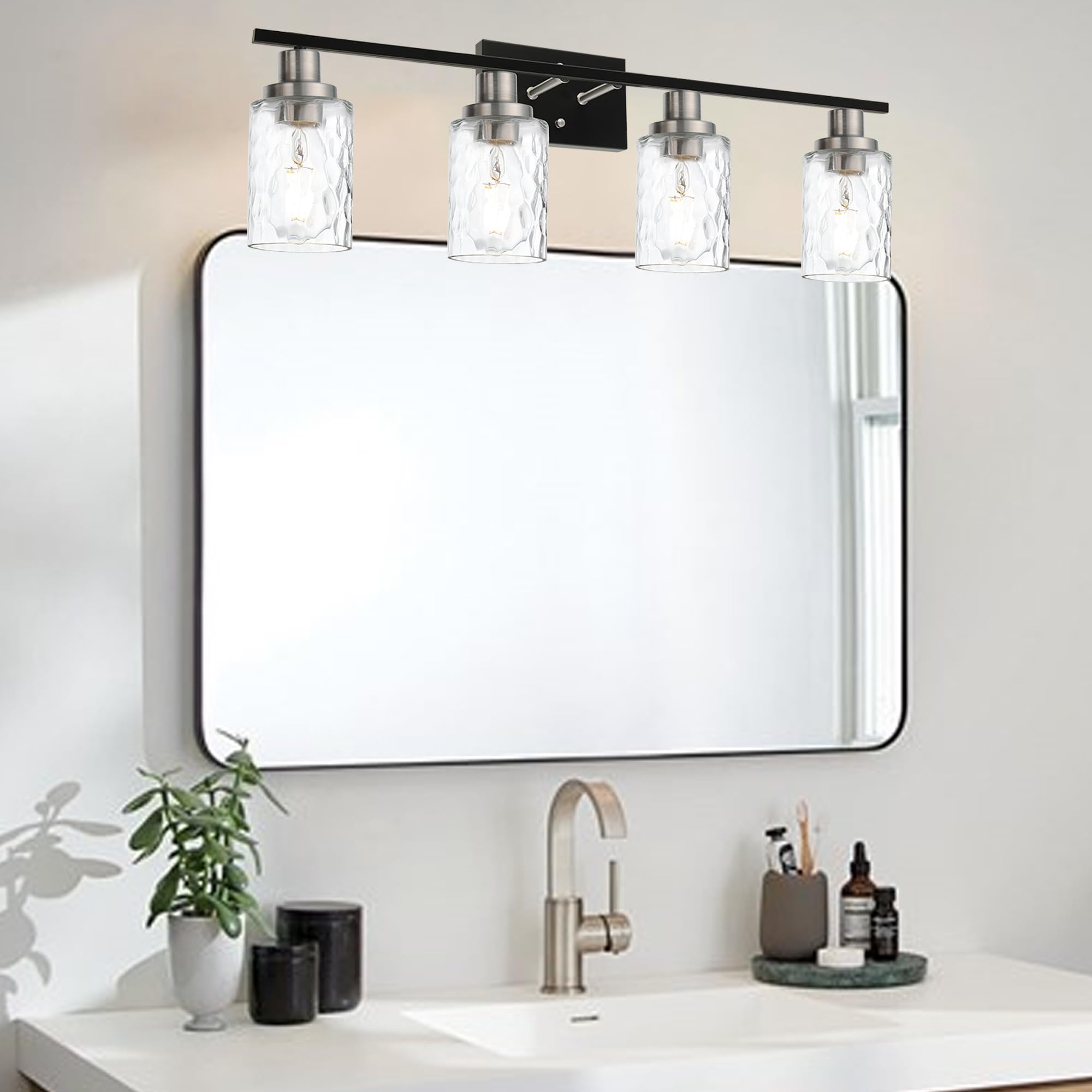 MELUCEE 4-Light Black Bathroom Vanity Light - 31 Inch Brushed Nickel Mirror Lighting with Clear Hammered Glass Shade - Dimmable Metal Wall Lamp for Bathroom, Kitchen, Dressing Room (Patent: US D963914 S) - Perfect for Modern Home Decor & Vanity Makeup Area