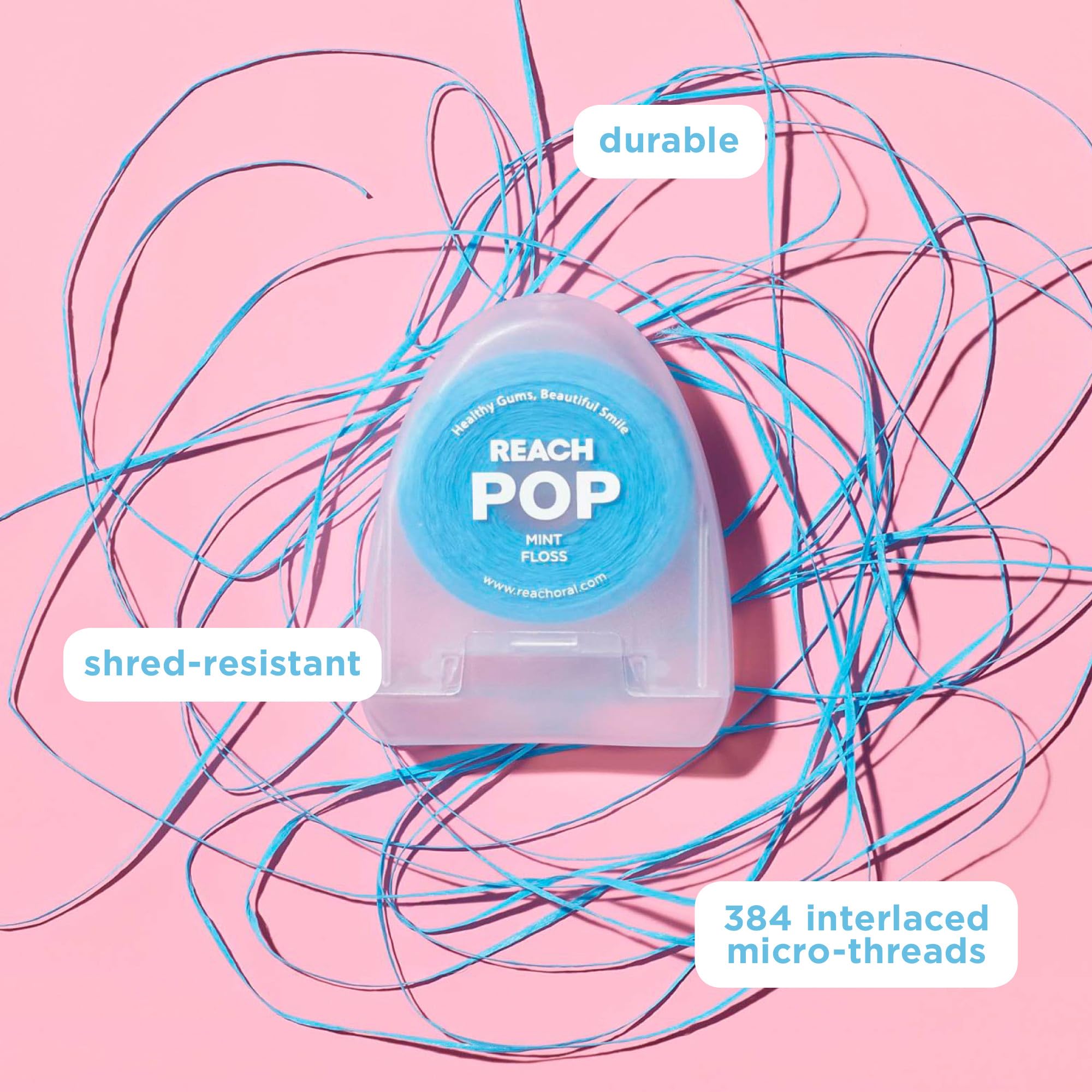 REACH POP Mint Dental Floss for Adults & Kids - Vegan Wax, Shred Resistant, PFAS Free, Cruelty Free - Plaque Remover for Teeth with Eco Friendly Packaging (3 Pack, 54.6 yd) - Perfect for Travel, Home & Office Oral Care Routine