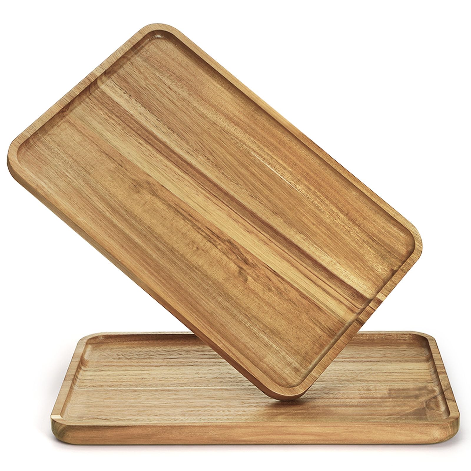 YOUEON Set of 2 Acacia Wood Serving Trays with Raised Edge - 14.2 x 9.5 Inch Rectangular Wooden Plates for Appetizers, Cheese, Sandwiches, Desserts, Coffee, Fruits & Cookies - Perfect for Entertaining, Kitchen Serving, Party Snacks & Coffee Table Decor