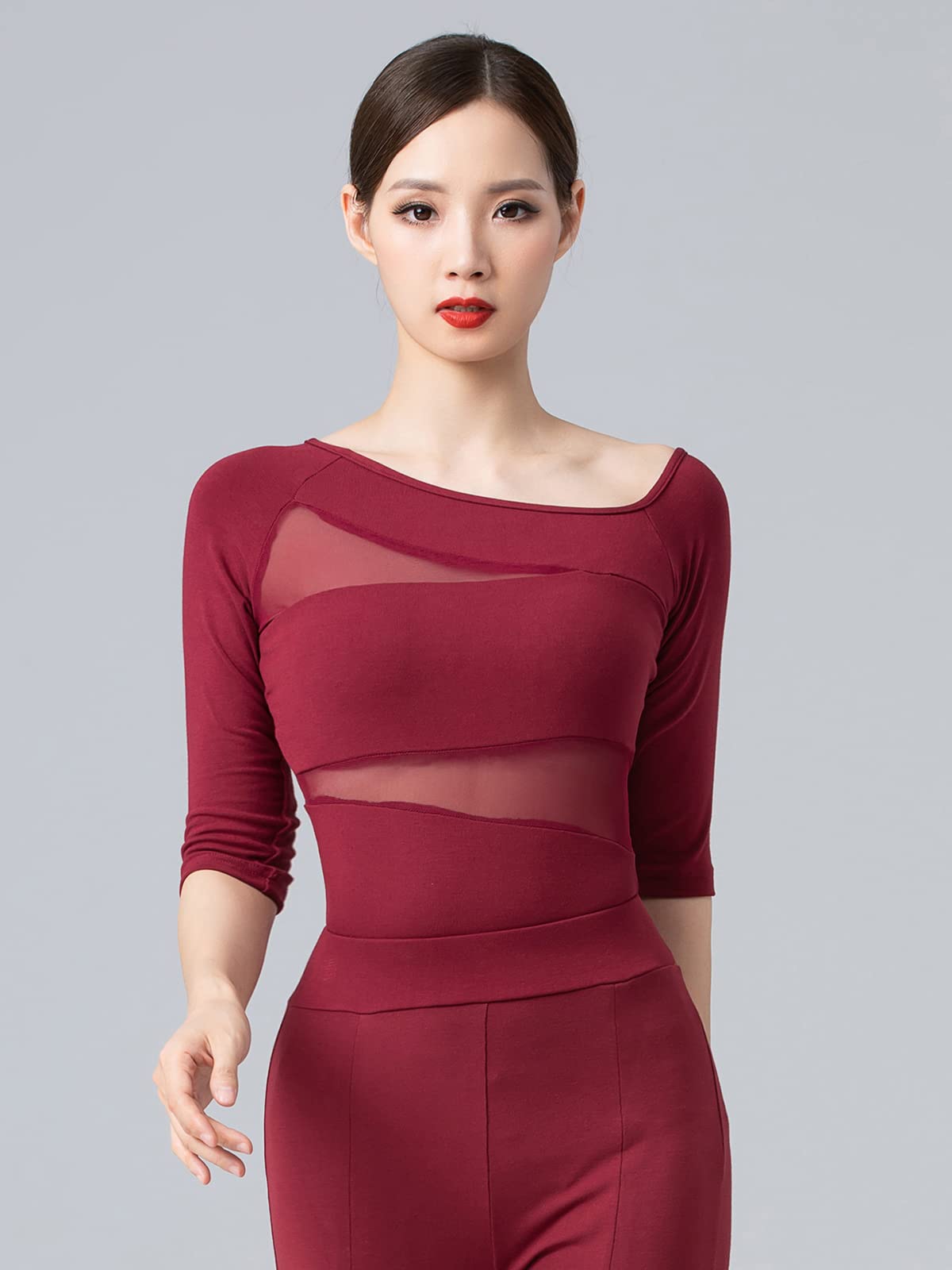 Sexy Women's Dance Tops - Oblique Shoulder 1/2 Sleeve Ballroom Latin Yoga Crop Top Shirt for Women | Perfect for Salsa, Zumba, Performance & Fitness Workouts