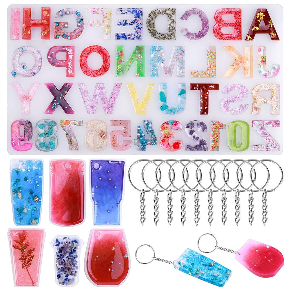 Anezus Alphabet Silicone Resin Molds - Letter & Number Epoxy Molds for DIY Keychain Jewelry Making, Includes Keychain Rings & Pin Vise Set - Perfect for Resin Casting, DIY Gifts, and Handmade Crafts (Ideal for Birthday, Christmas, and Personalized Gifts)
