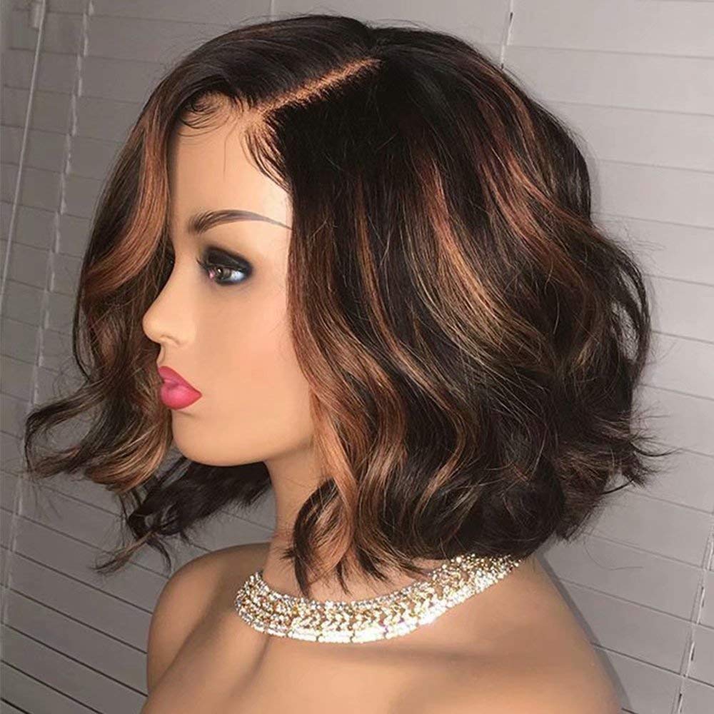 Brazilian Body Wave Human Hair Wig - 180 Density Short Bob with Ombre Highlights, 13x4 HD Transparent Lace Front, Pre Plucked Bleached Knots, 10 Inch | Perfect for Daily Wear, Cosplay & Special Occasions