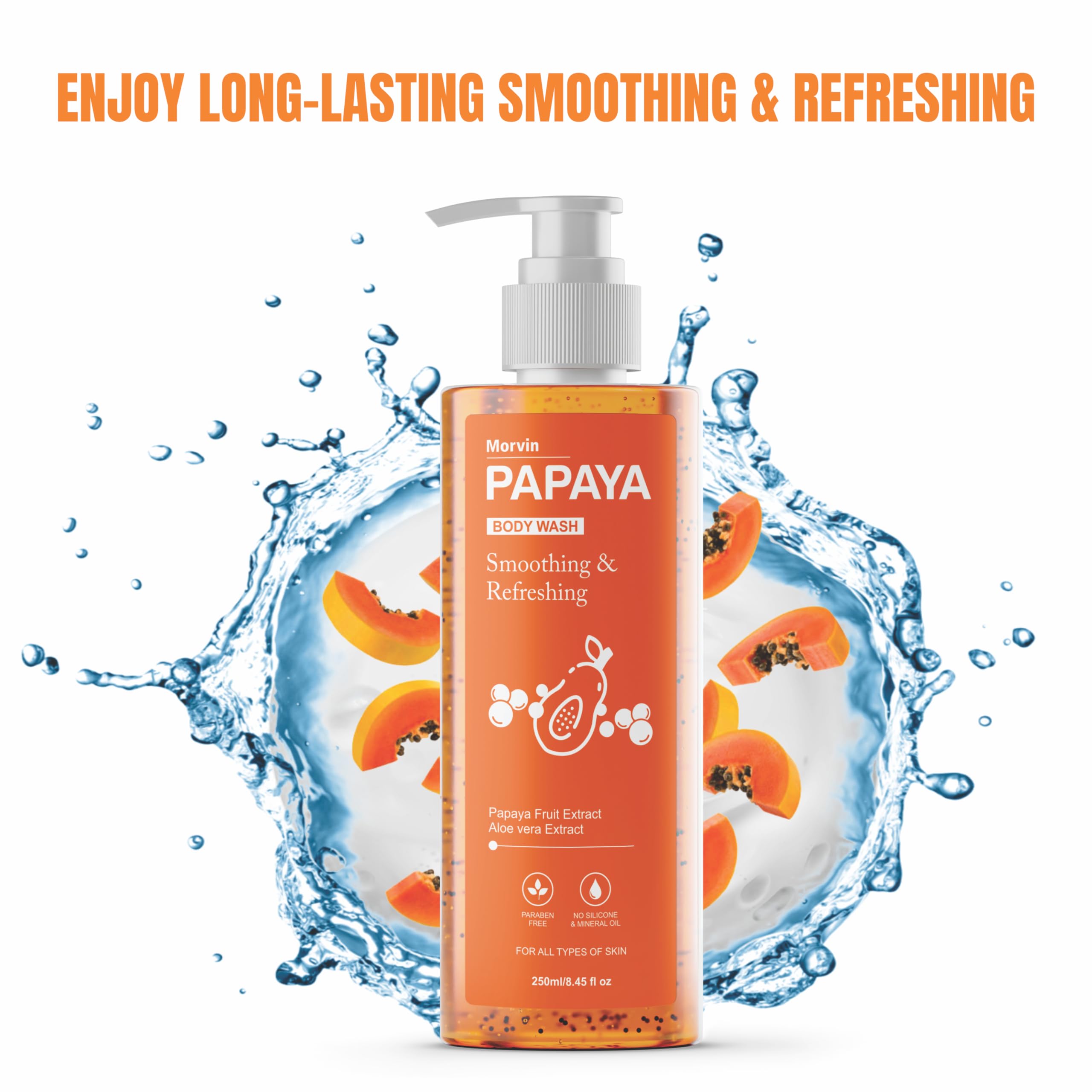 Morvin Papaya Smoothing & Refreshing Body Wash Shower Gel 250ml - Exfoliating & Deep Cleansing with Papaya & Aloe Vera Extract | Paraben, Silicone & Mineral Oil Free | Hydrating for Dry Skin & Post-Workout Refreshment