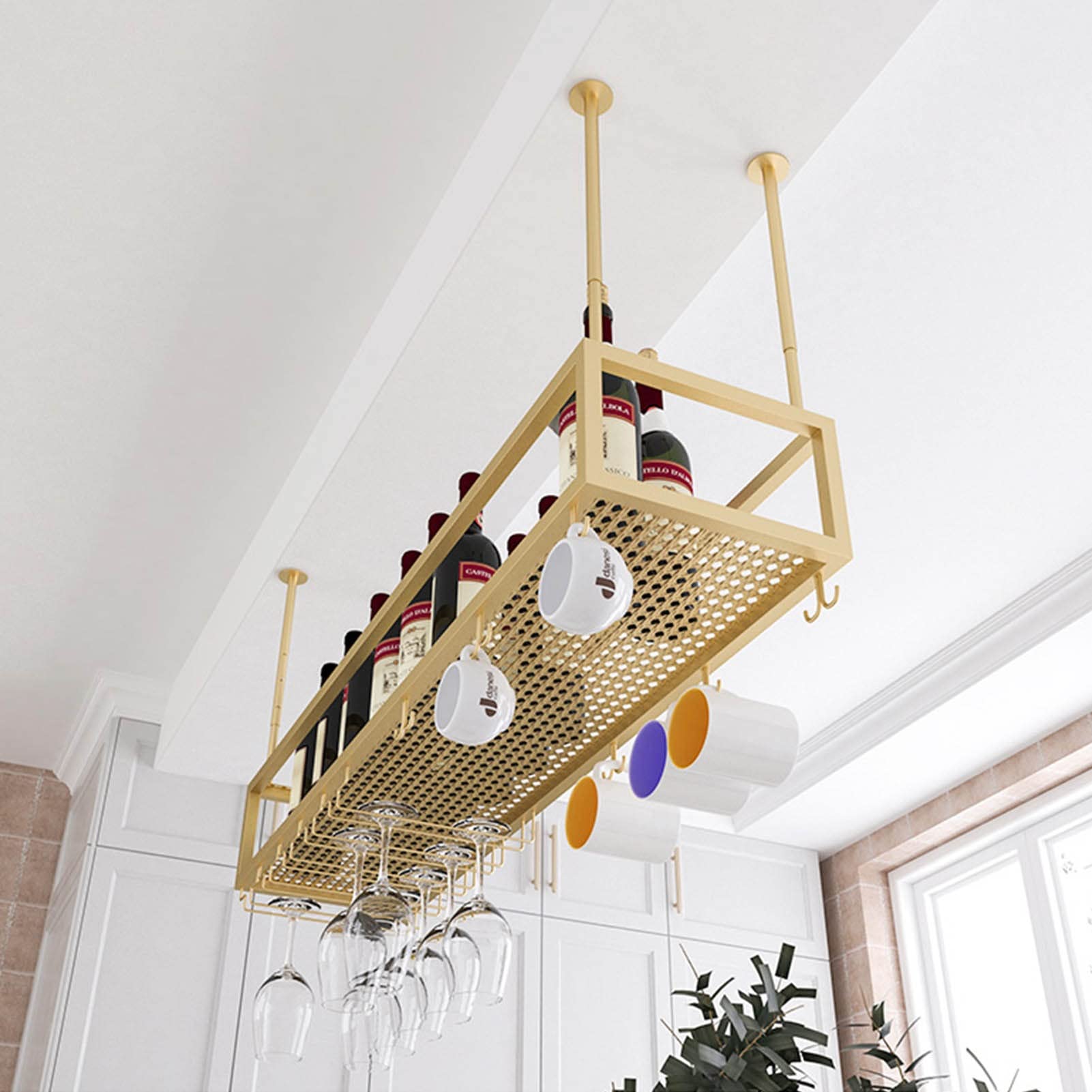 Premium Adjustable Gold Metal Bottle Rack - Floating Wine Storage Holder & Stemware Shelf for Bars, Kitchens (60x25x21cm) - Perfect for Home Decor, Wine Cellars & Entertaining Spaces