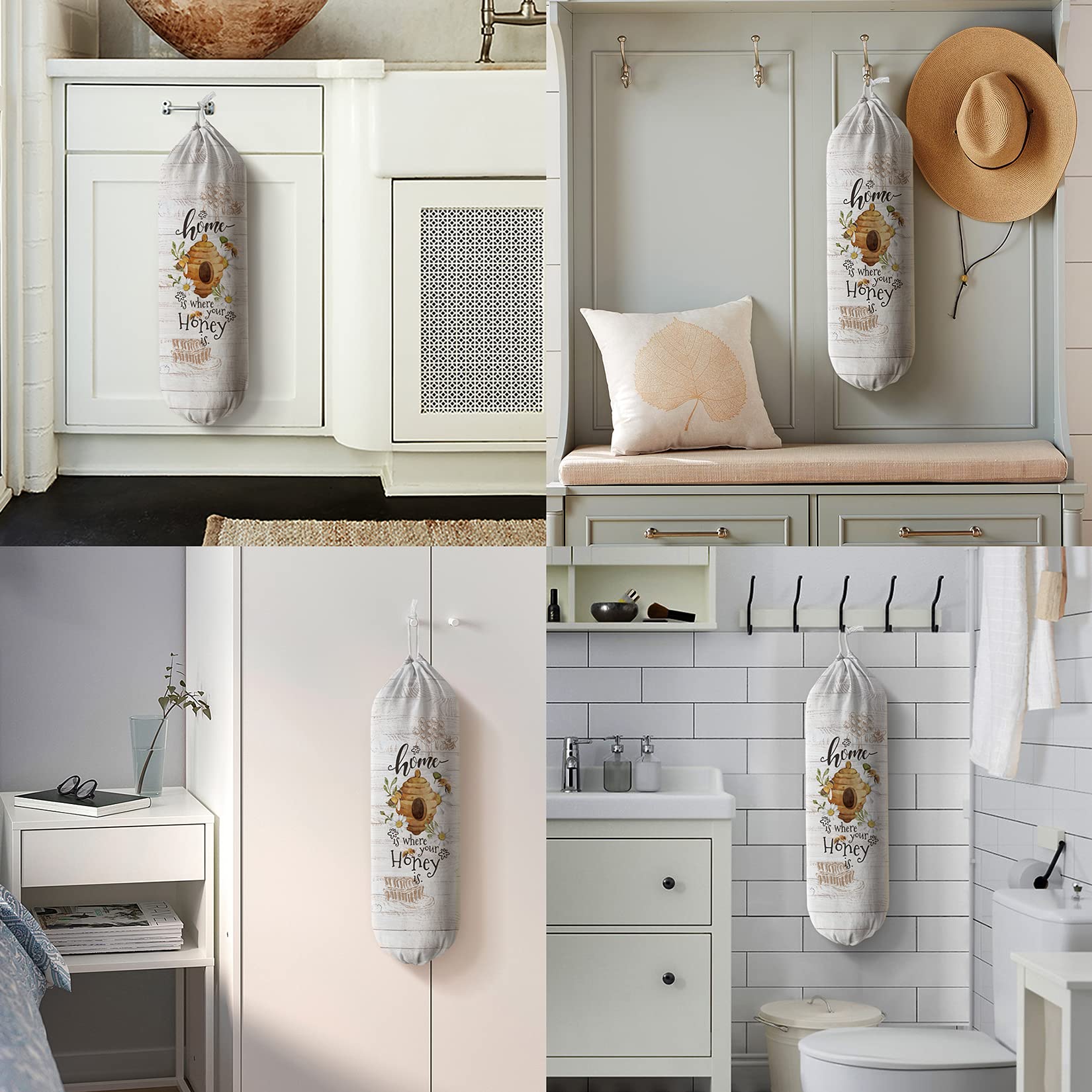Hglian Farmhouse Plastic Bag Holder Dispenser - Honey Home Grocery Shopping Bags Storage Organizer | Kitchen Countertop, Pantry & Laundry Room Organization