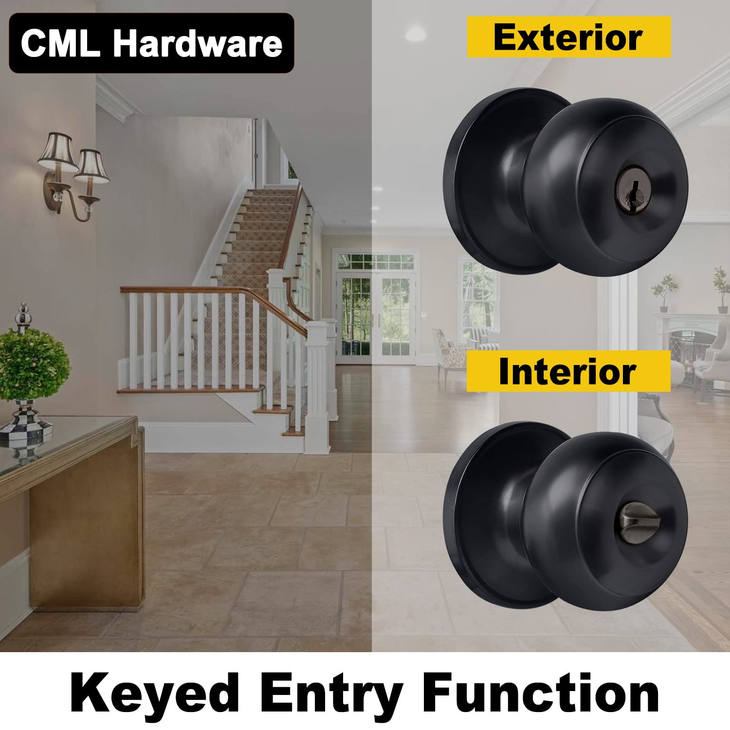 Matte Black Entry Door Knob with Lock - 2 Pack for Front/Back Doors