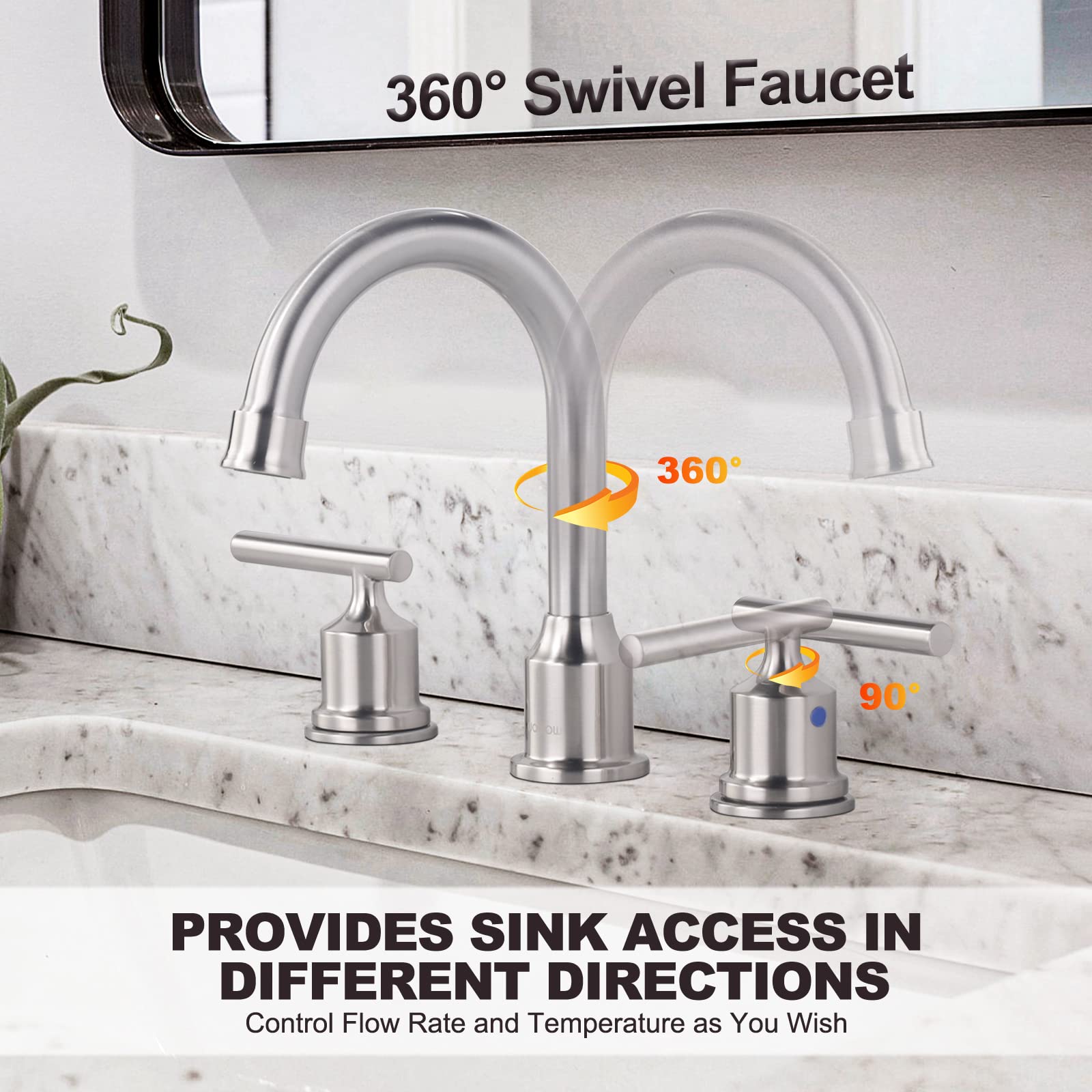 WOWOW 8 Inch Brushed Nickel Bathroom Sink Faucet - 2 Handle 3 Hole Deck Mount Brass RV Faucet with Drain - Perfect for Vanity, Guest Bath & Tiny Home Installations