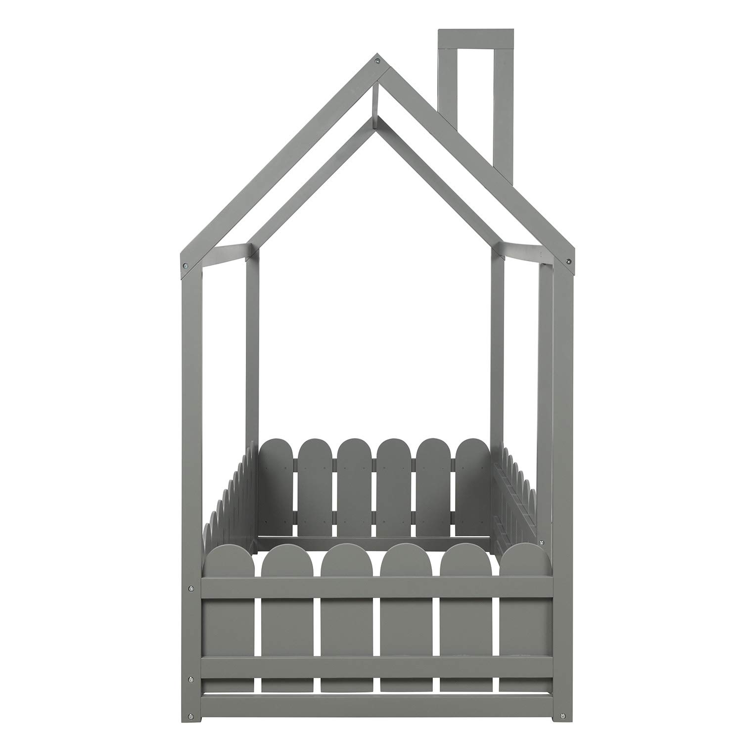 MERITLINE Wooden Twin House Bed for Kids & Teens - Gray Cabin Floor Bed with Roof & Fence - Montessori Toddler Bed for Boys & Girls - Perfect for Bedrooms, Playrooms & Montessori Classrooms