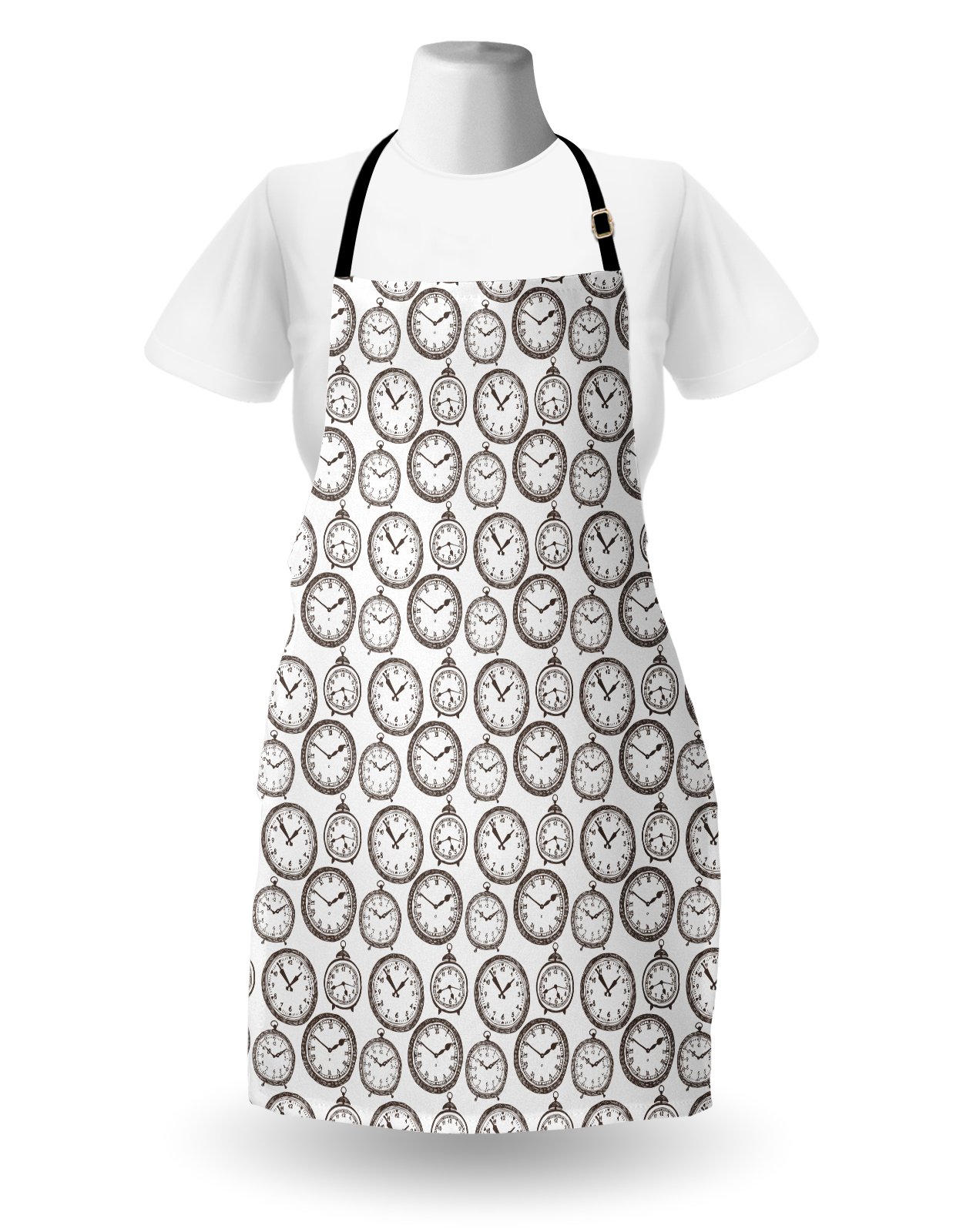 Lunarable Vintage Pocket Watch Design Kitchen Apron - Adjustable Unisex Bib for Cooking, Baking, Gardening - Brown & White Abstract Chronometer Print - Perfect for Home Chefs & DIY Enthusiasts