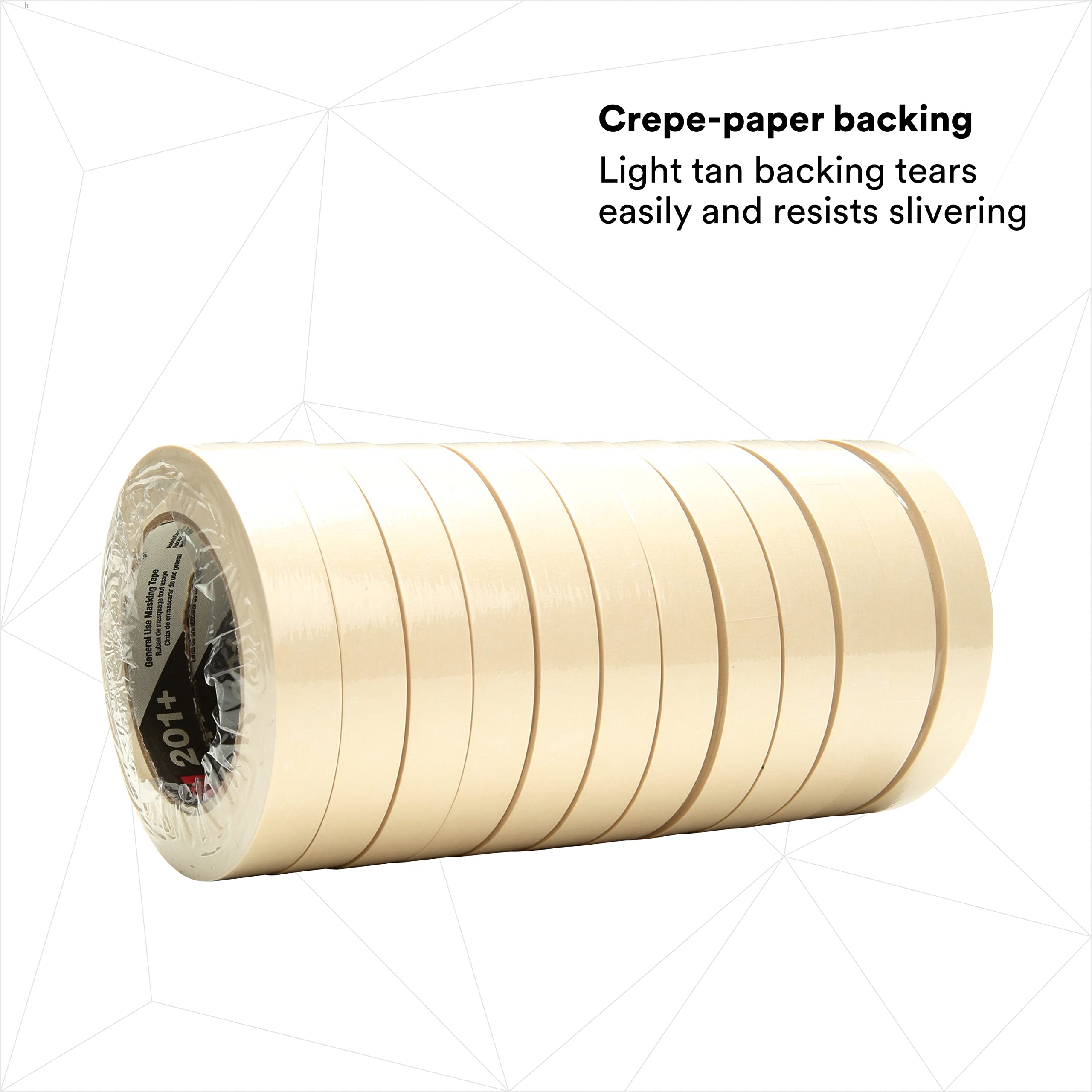 3M General Use Masking Tape 201+ - 18mm x 55m, Low Unwind, Clean Removal, Easy Tear, Crepe Paper Tape for Painting, DIY Projects, Home Repairs & Crafts - 48 Rolls/Case, Tan Color, 4.4 mil Thickness