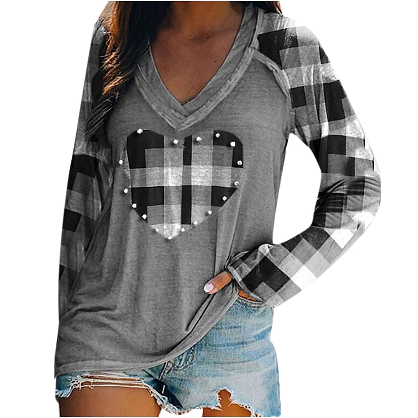 Women's Autumn Plaid Tunic Blouse - Cute Heart Print V-Neck Long Sleeve Casual Pullover Top | Perfect for Fall Outfits, Office Wear & Date Nights