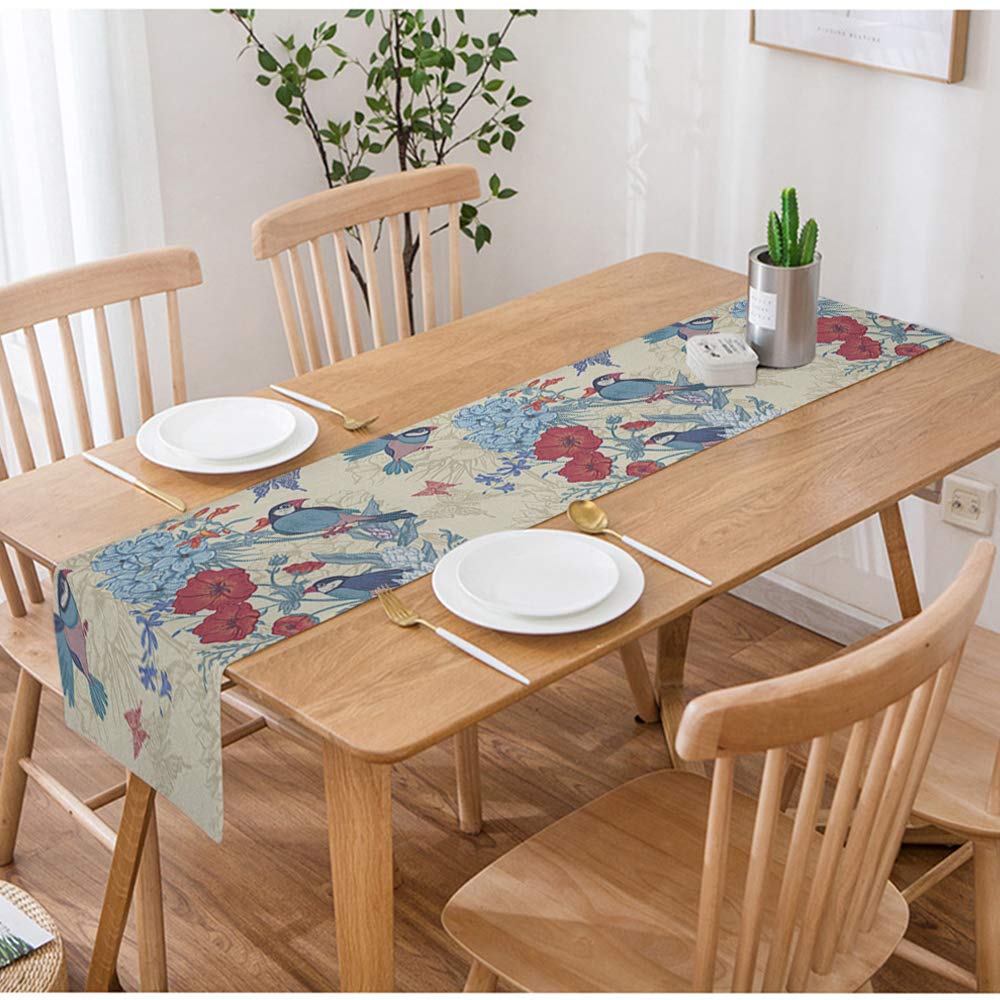 Swono Birds & Butterflies Table Runner - Floral Hydrangea Poppies Bluebells Design, Cotton Linen Blend Kitchen Dining Decor, Non-Slip 14x72 Inch - Perfect for Coffee Tables, Tea Parties & Formal Dining Room Settings