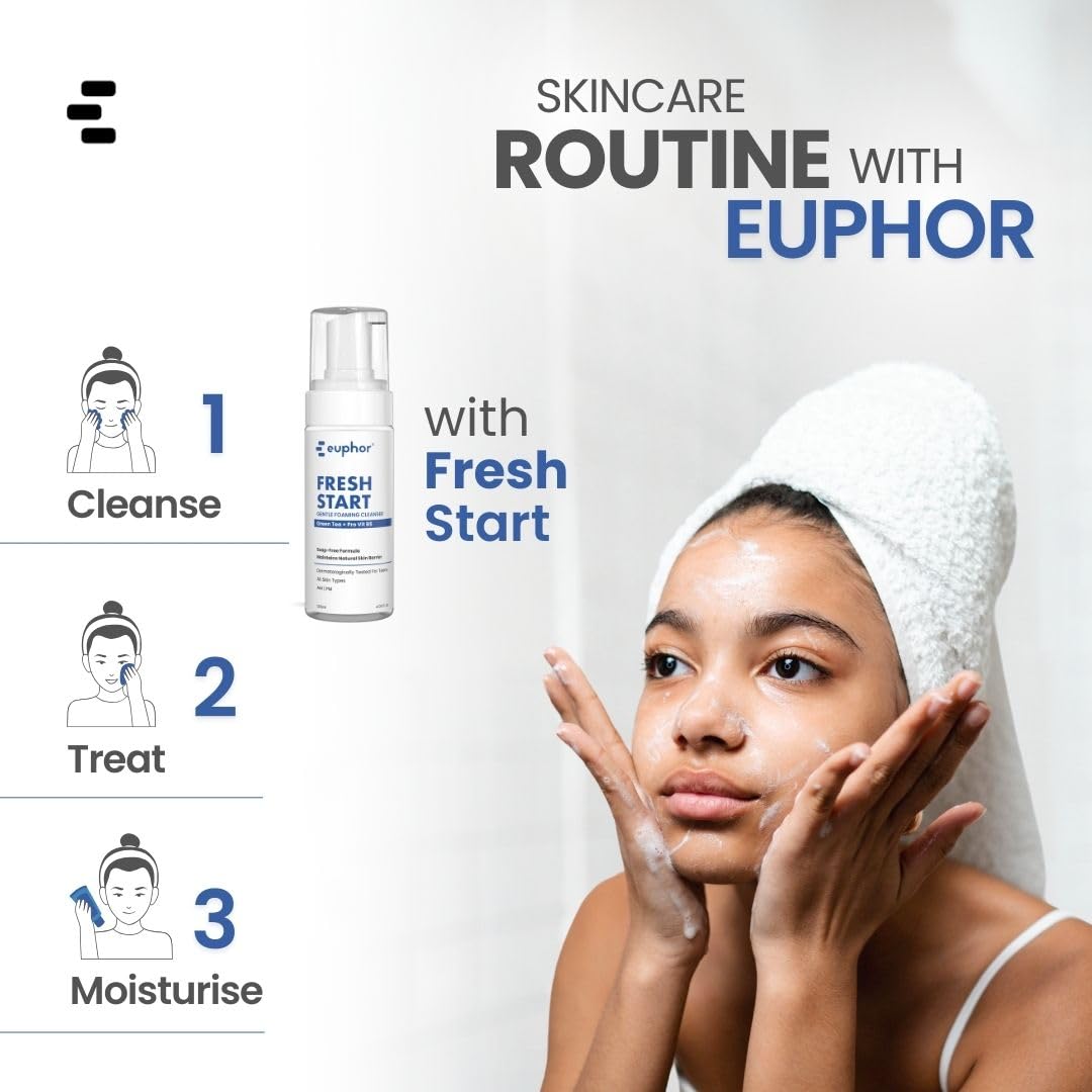 Euphor Teens Gentle Foaming Face Wash for Age 12+ - Green Tea, Aloe Vera & Vitamin B3 Cleanser for Dry, Oily & Combination Skin | Soap-Free, Sulfate-Free Formula | 120ml | Perfect for Morning & Night Skincare Routine | Men & Women