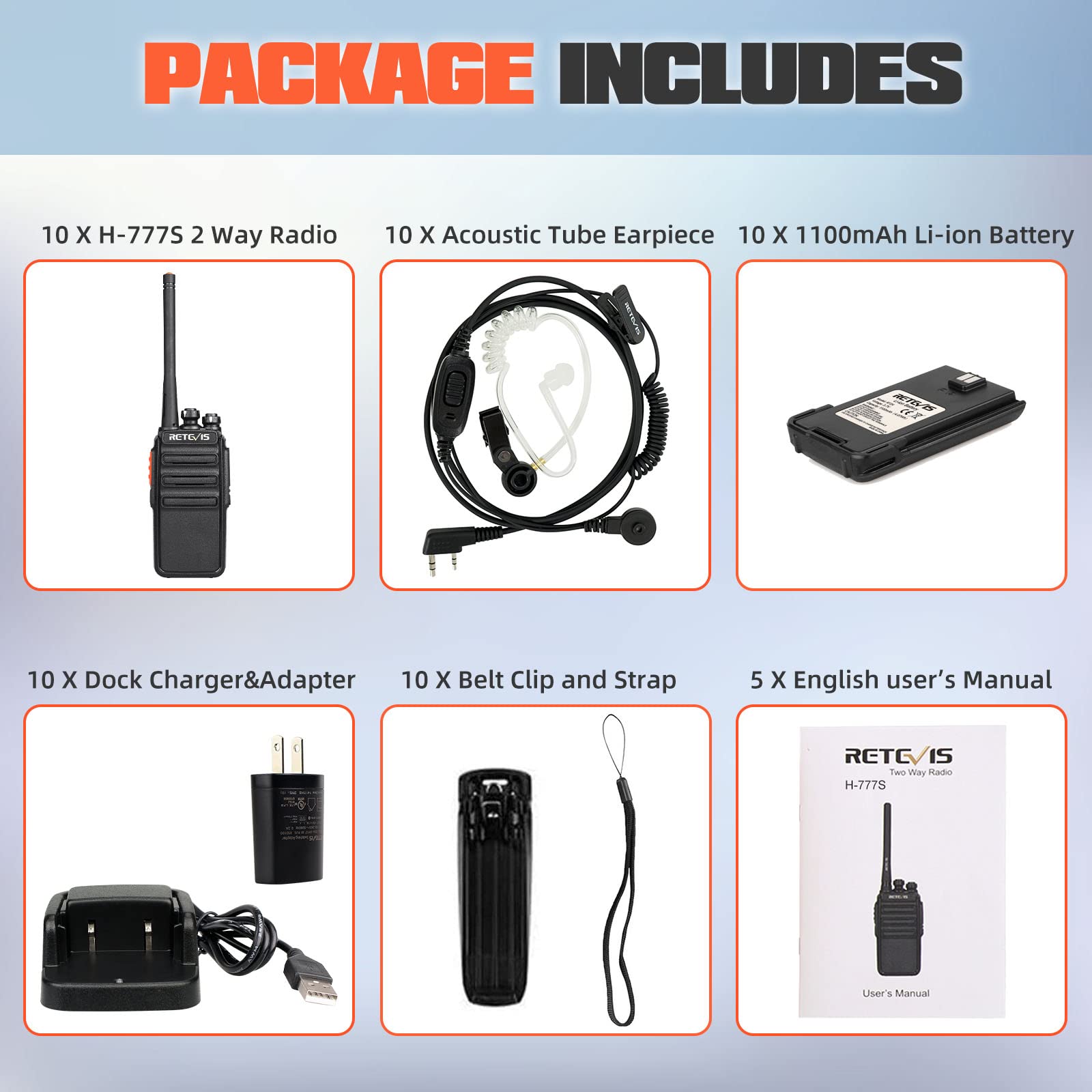 Retevis H-777S Long Range Walkie Talkies for Adults - 10 Pack Two Way Radios with Earpiece & Mic, USB Rechargeable, FRS Handheld Radios for School Security, Church Events, Construction Sites and Outdoor Adventures