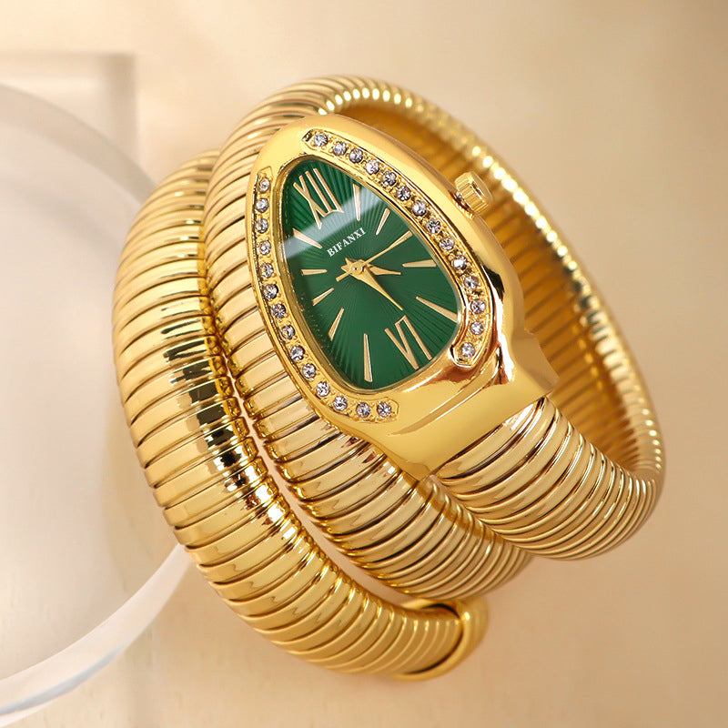Stylish Women's Quartz Snake Bracelet Watch - Elegant Gold-Tone Stainless Steel Band with Rhinestone Accents - Perfect for Casual Wear, Office & Evening Events