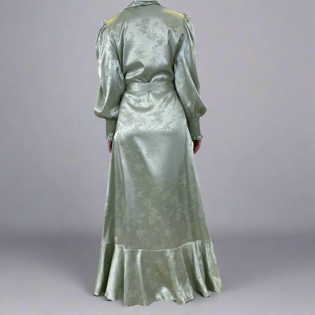 Elegant Muslim Satin Printed Open Kimono Abaya Dress for Women - Modest Islamic Fashion, Prayer & Special Occasions