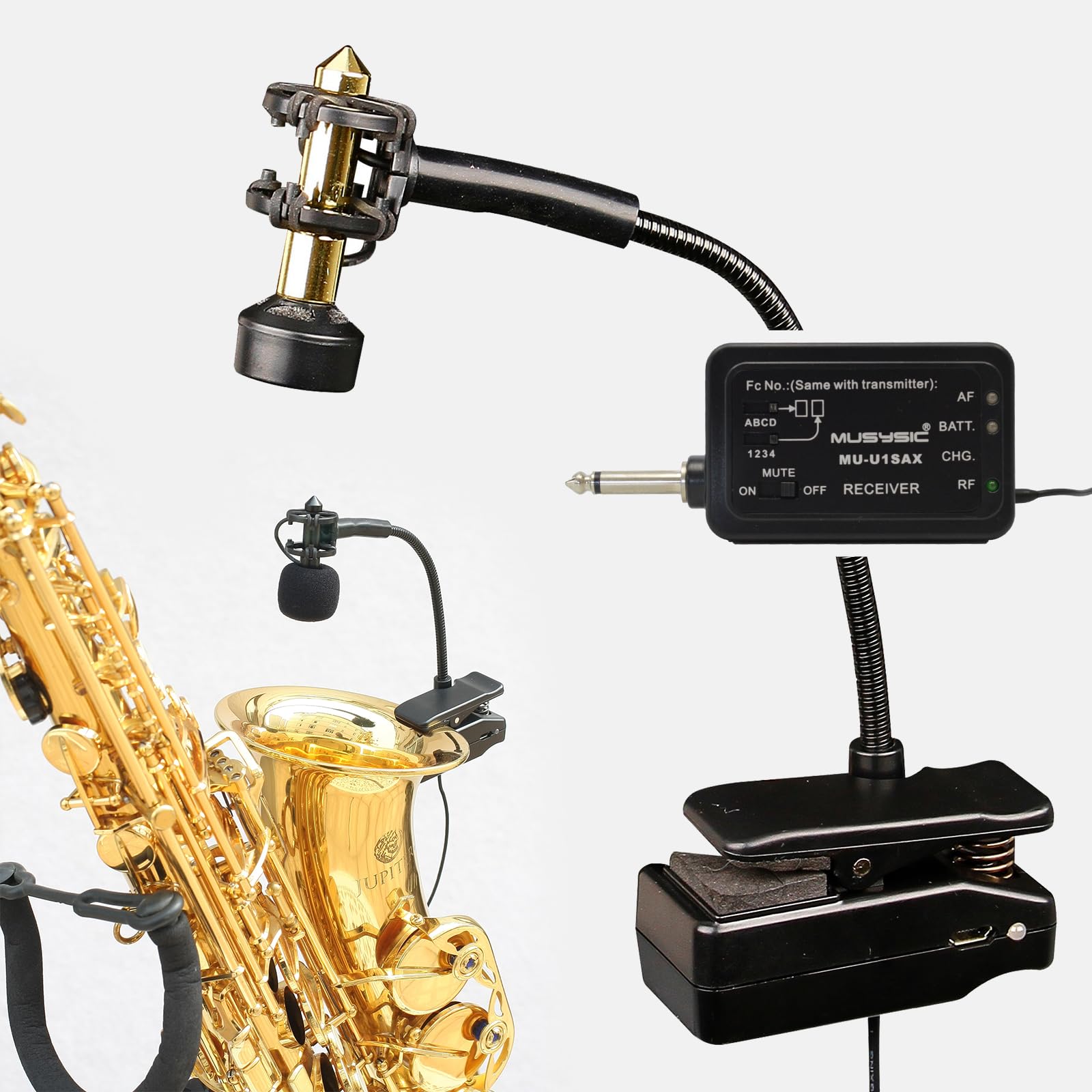 MUSYSIC 16-Channel UHF Wireless Saxophone Microphone System with 75m Range - Professional Trumpet Wireless Mic for Wind Instruments - Perfect for Live Performances, Studio Recording & Stage Shows