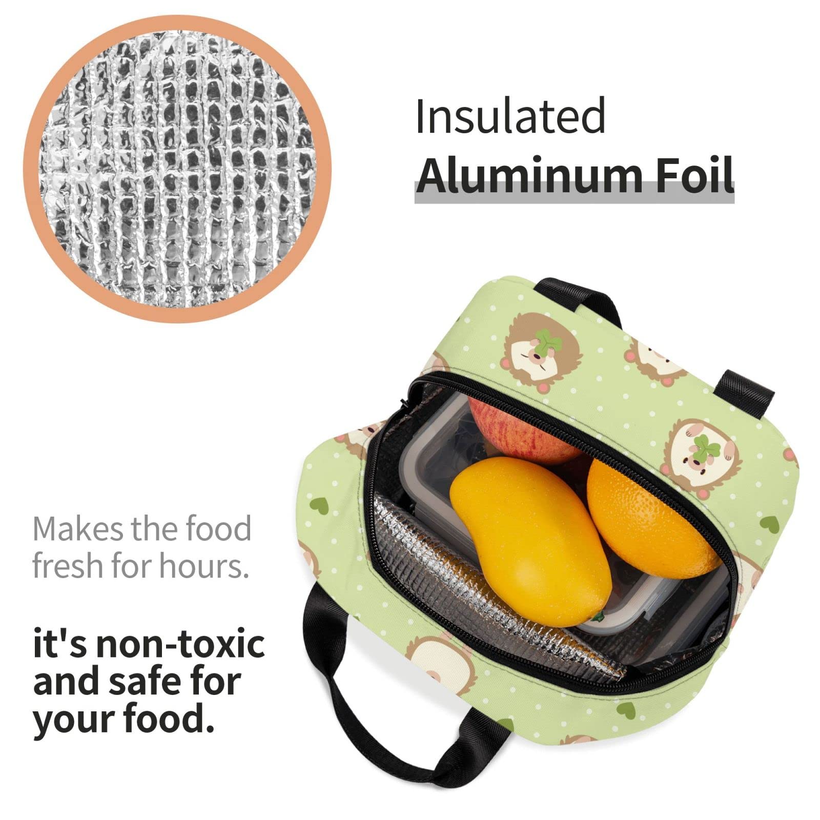 Cute Hedgehog Insulated Lunch Box - Reusable Thermal Meal Bag for School, Work, Travel & Picnic | Portable Food Container for Boys & Girls | Garden-Themed Design with Grass Pattern | Perfect for Daily Use, Outdoor Activities & Office Lunch