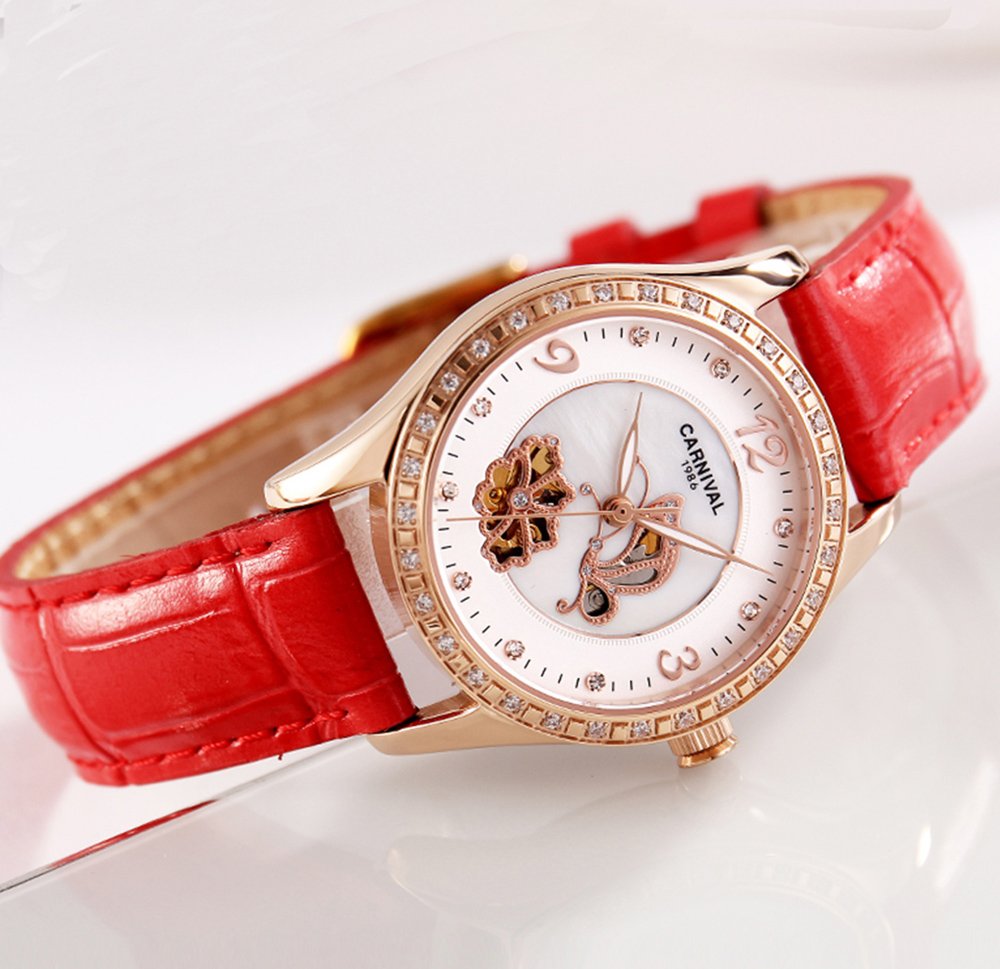 MASTOP Women's Automatic Mechanical Watch with Diamond Butterfly Dial & Genuine Leather Strap - Luminous Skeleton Watch for Business, Party & Everyday Wear
