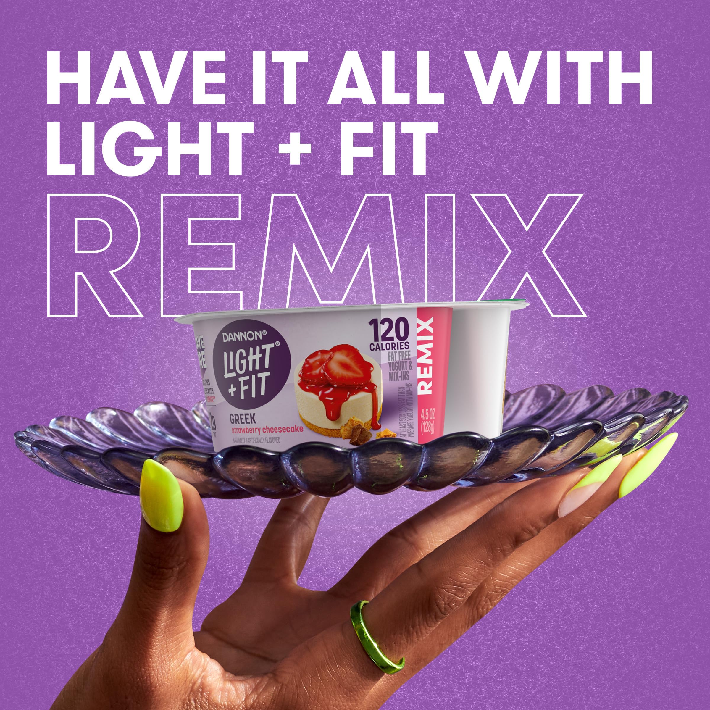 Light + Fit Nonfat Greek Yogurt with Strawberry Cheesecake Flavor, Graham Cookies, Caramel Pearls & Dark Chocolate Mix-Ins - 4.5oz Cups | High-Protein Snack for Breakfast, Office or Post-Workout
