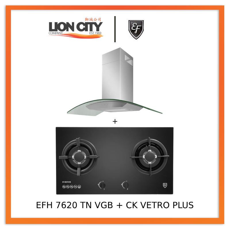 EF 90 CM Chimney Cooker Hood CK Vetro Plus & EF EFH 7620 TN VGB Glass Hob - Stainless Steel Kitchen Ventilation System with Touch Control for Modern Homes | Perfect for Open Kitchens & High Ceilings