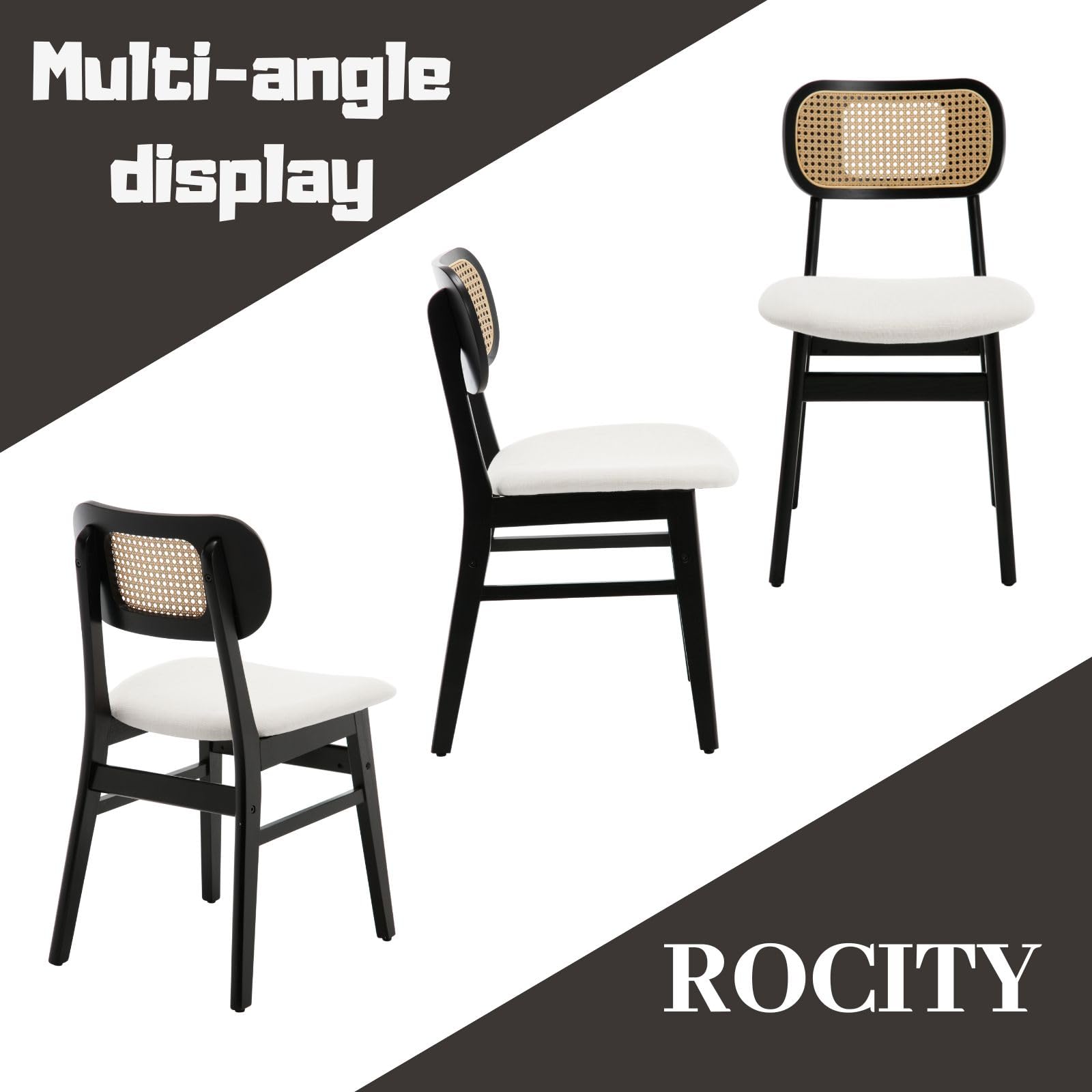 2 Pack Rattan Dining Chairs - Black Linen Upholstered Farmhouse Kitchen Chairs with Natural Wood Frame | Boho Style Side Chairs for Dining Room, Breakfast Nook & Outdoor Patio