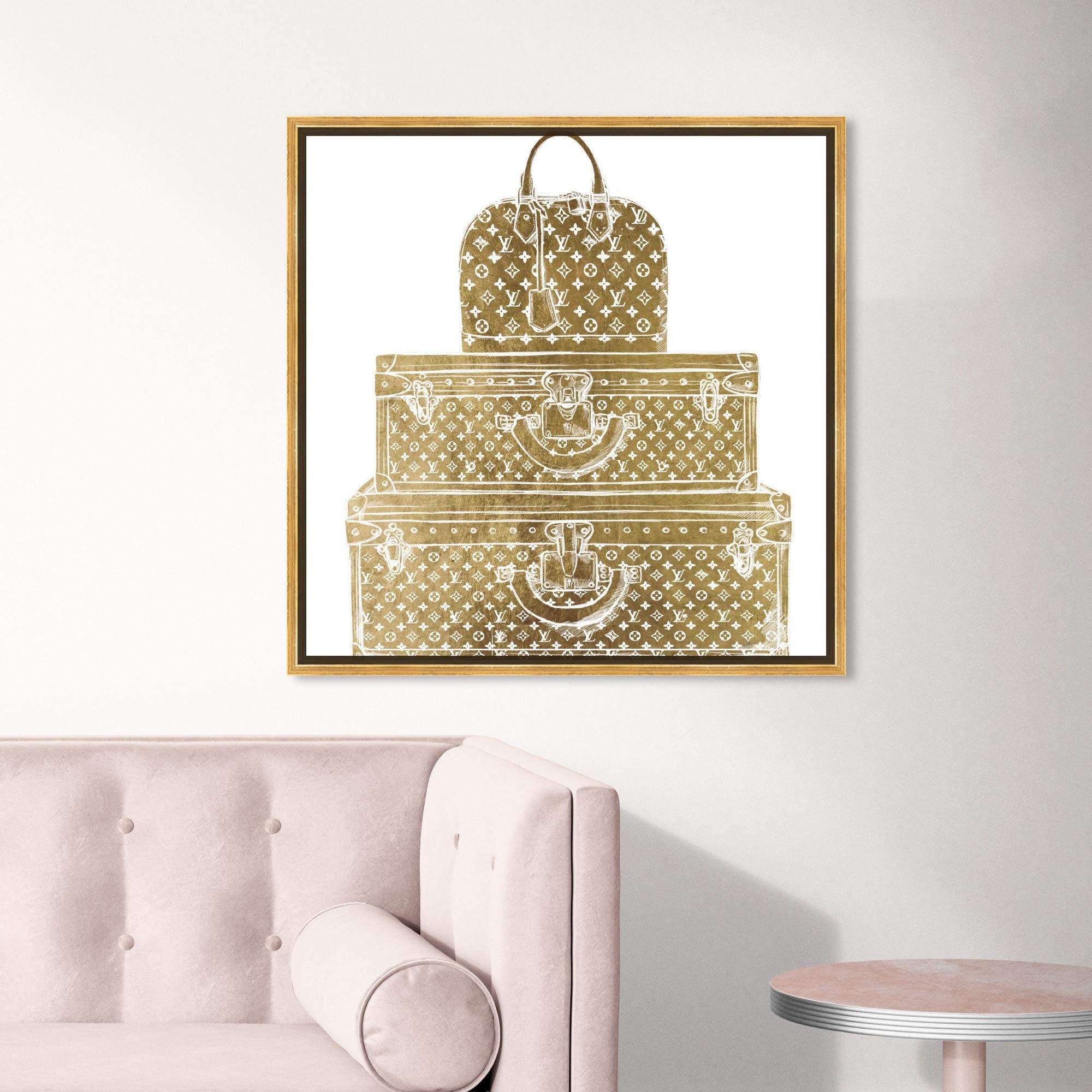 Oliver Gal Artist Co. Royal Bag & Luggage Diecut Framed Wall Art - 24x24 Inch Gold & White Canvas Print - Fashion Glam Home Decor for Living Room, Bedroom & Office