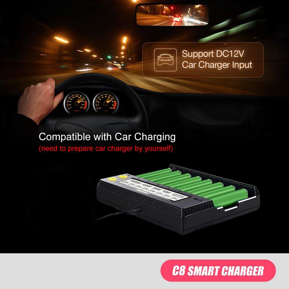 MiBOXER 8-Bay Smart Battery Charger for 18650, 21700, 26650, AA, AAA, C - Fast Charging LCD Display for Li-ion, LiFePO4, Ni-MH, Ni-Cd Batteries - Perfect for Vaping, Flashlights, and Electronic Devices