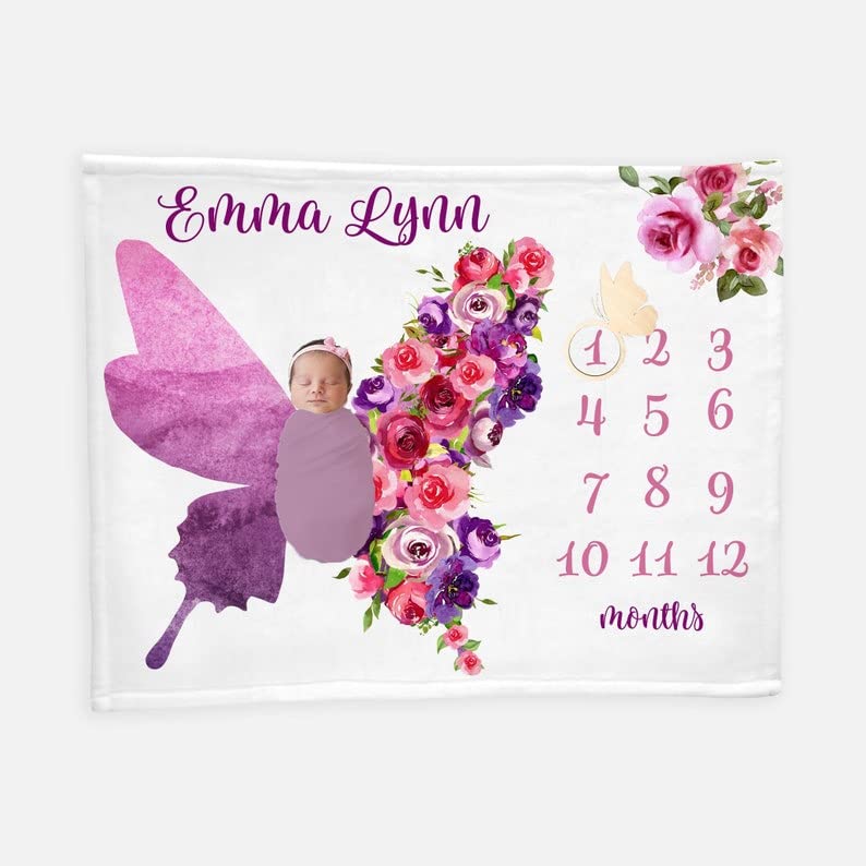 Personalized Butterfly Baby Milestone Blanket - Purple Floral Monthly Growth Blanket for Newborn Photos & First Year Keepsake | Perfect Baby Shower & Christmas Gift for Girls & Boys