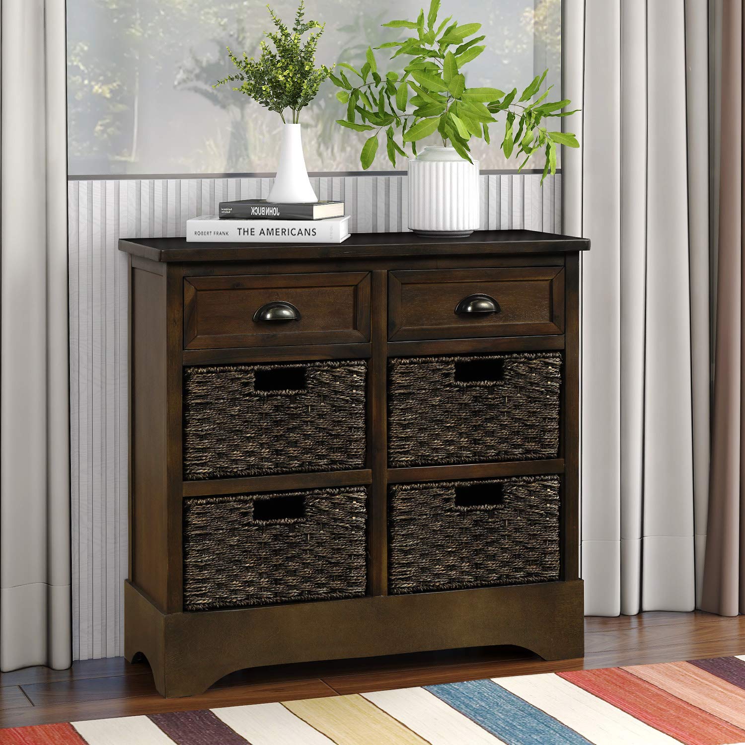 Rustic Wood Storage Cabinet with 2 Drawers & 4 Fabric Baskets - Farmhouse Console Table for Kitchen, Dining Room, Entryway & Living Room - Perfect for Organizing Spices, Linens & Home Decor (Coffee Brown)
