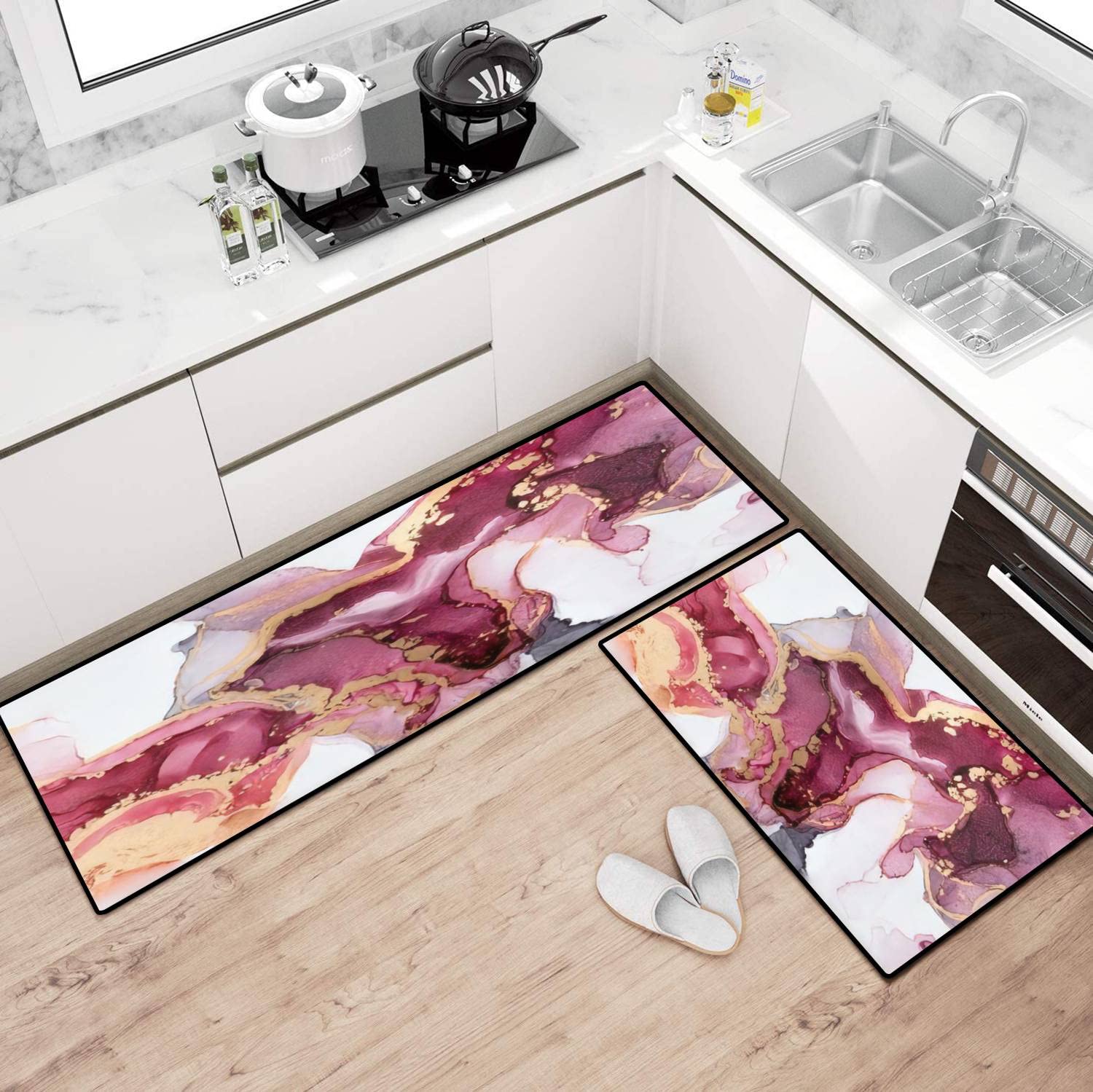 Non-Slip Washable Kitchen Rugs Set - Colorful Oriental Fluid Art Design Floor Mats for Kitchen, Bathroom & Entryway - Comfortable Standing Decor for Home, Office & Dorm