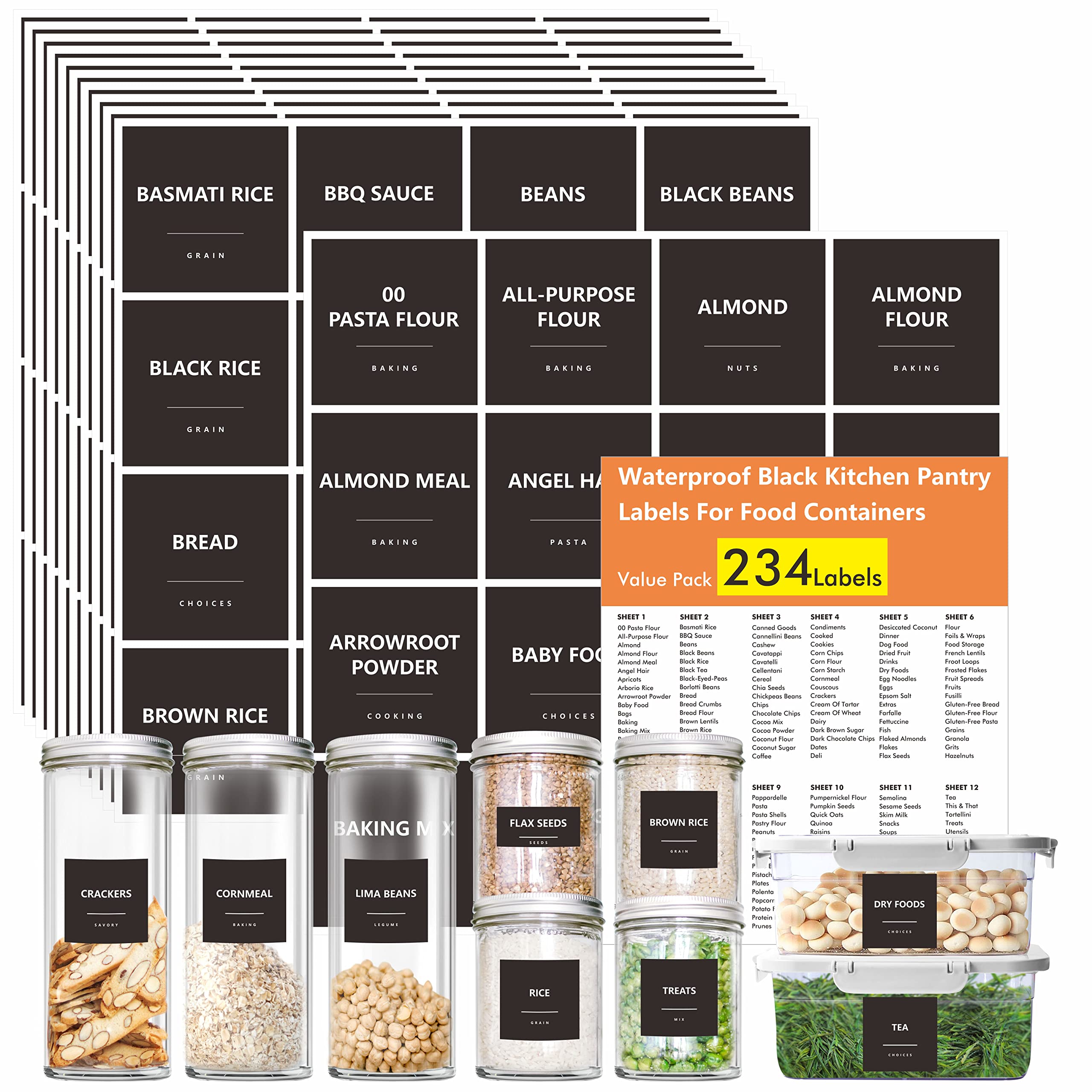 Hebayy 234-Piece Minimalist Kitchen Food Labels - 216 Preprinted & 18 Blank Stickers for Flour, Pasta, Peas, Condiments, Oil | Waterproof, Tear-Resistant, No Residue | Perfect for Pantry, Food Containers & Jars Organization