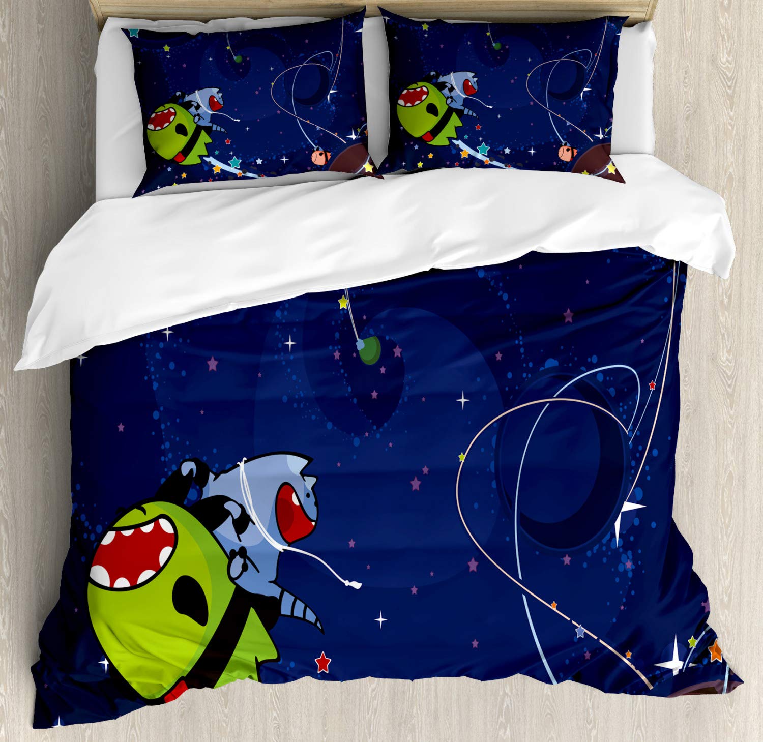 Ambesonne Space Cat Duvet Cover Set - Cartoon Kittens & Alien Creatures with Stars & Planets on Abstract Design - 2-Piece Cal King Bedding Set (2 Duvet Covers + 4 Pillowcases) in Green, Brown & Dark Blue - Perfect for Kids' Rooms, Space-Themed Bedrooms & Sci-Fi Lovers